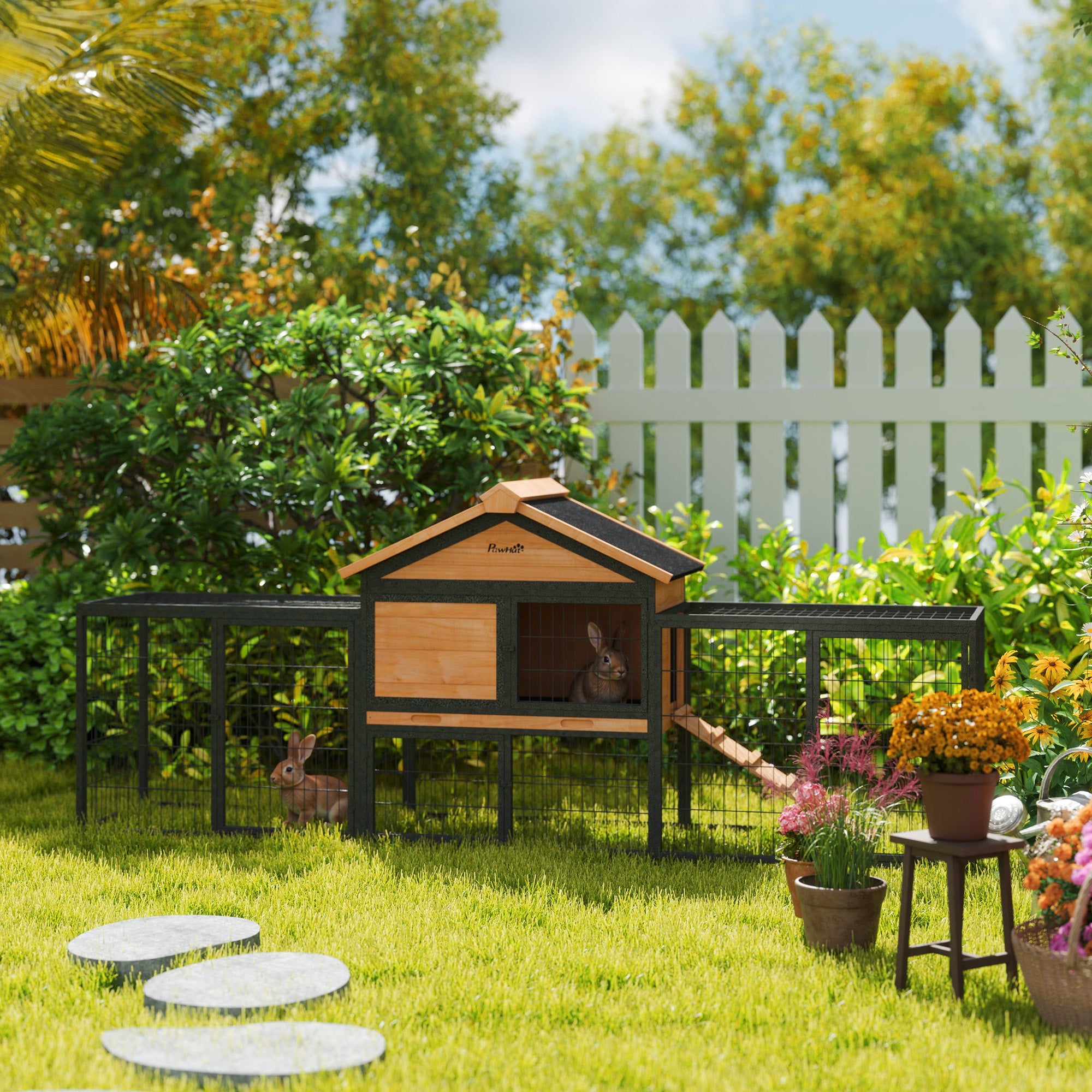 PawHut Hasenstall 2 Ebenen Kaninchenstall aus Vollholz Winterfest Doppelstockhaus mit Freilaufgehege 217x53x86 cm Gelb