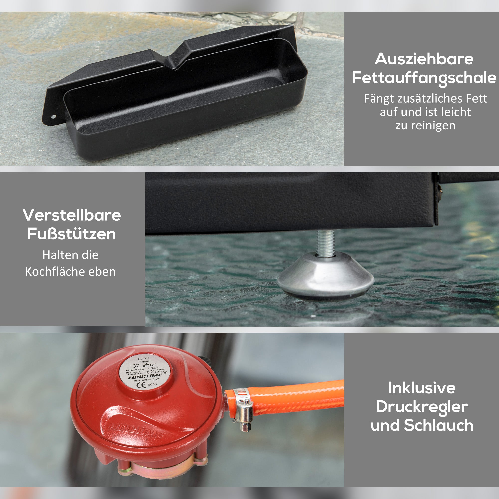 Outsunny Gasgrill mit 3 Brennern, Schlauch, Antihaft-Grillplatte, Edelstahl, Farbe: Silber, 63 x 48 x 21 cm