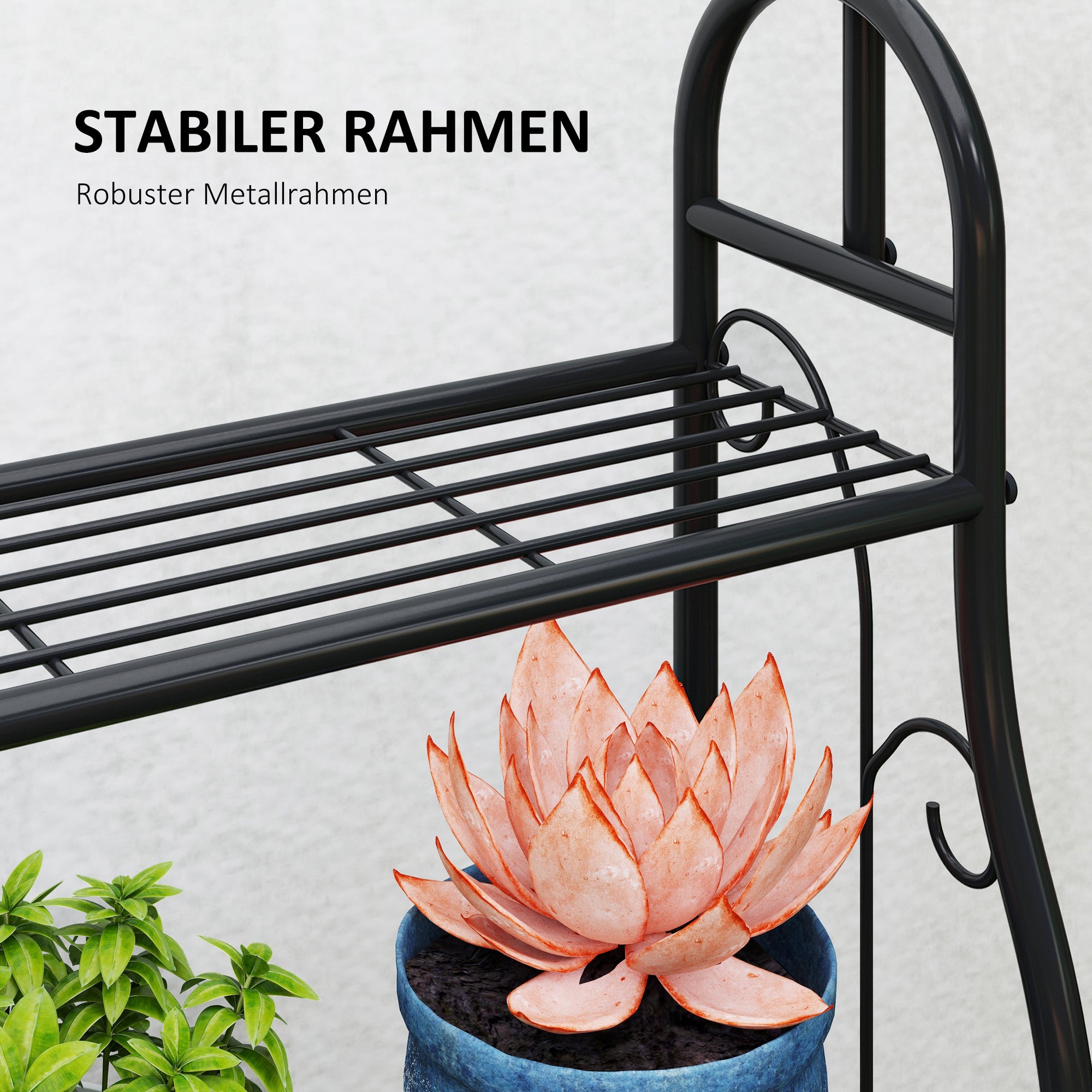 Outsunny Blumenregal, 3-stufiges Pflanzenregal mit Hängehaken, Metallregal für Blumentöpfe, Indoor- und Outdoor-tauglich, Schwarz