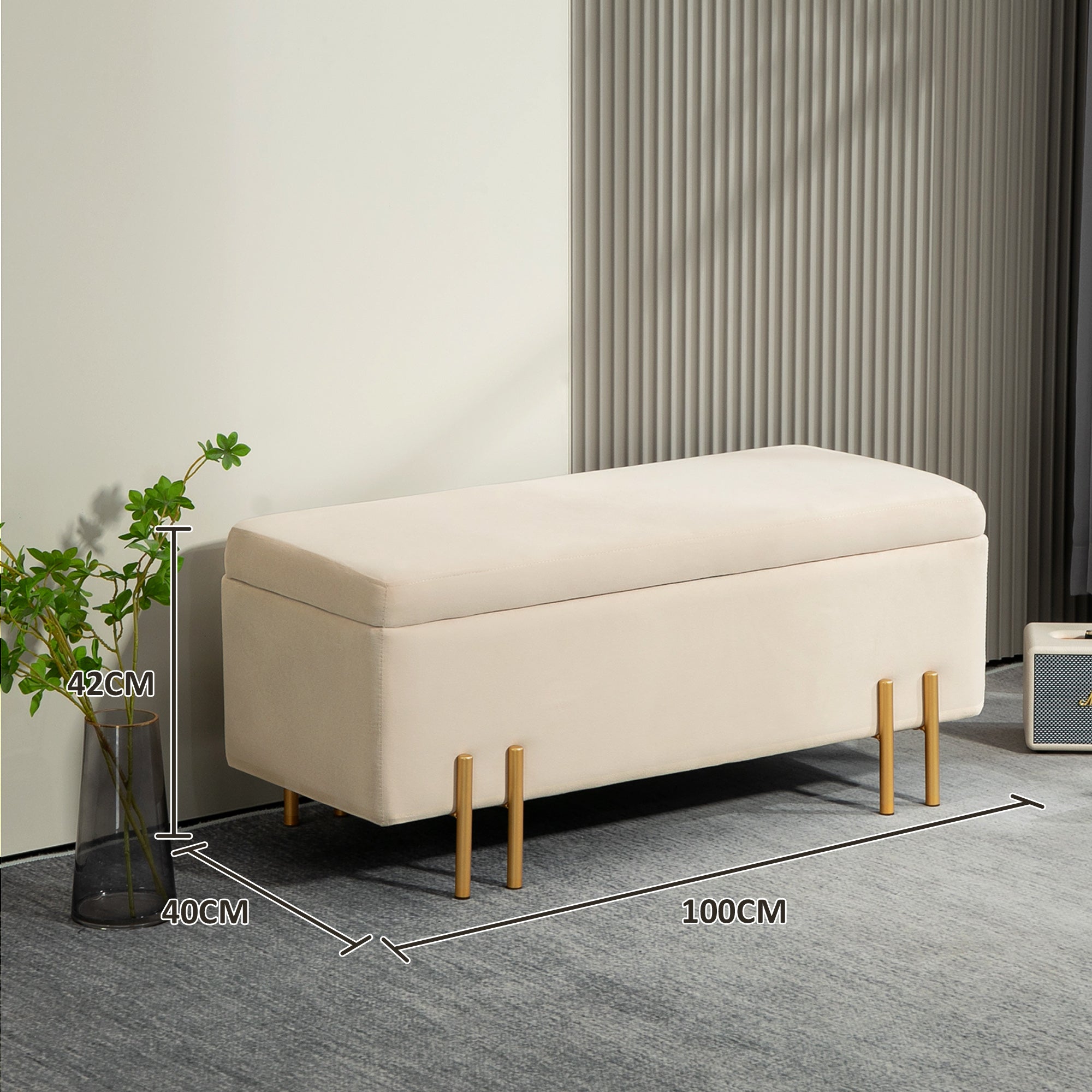 HOMCOM Polsterbank mit Stauraum, Truhenbank, Schaumstoff, Metall, Kautschukholz, 100 x 40 x 42 cm, Beige