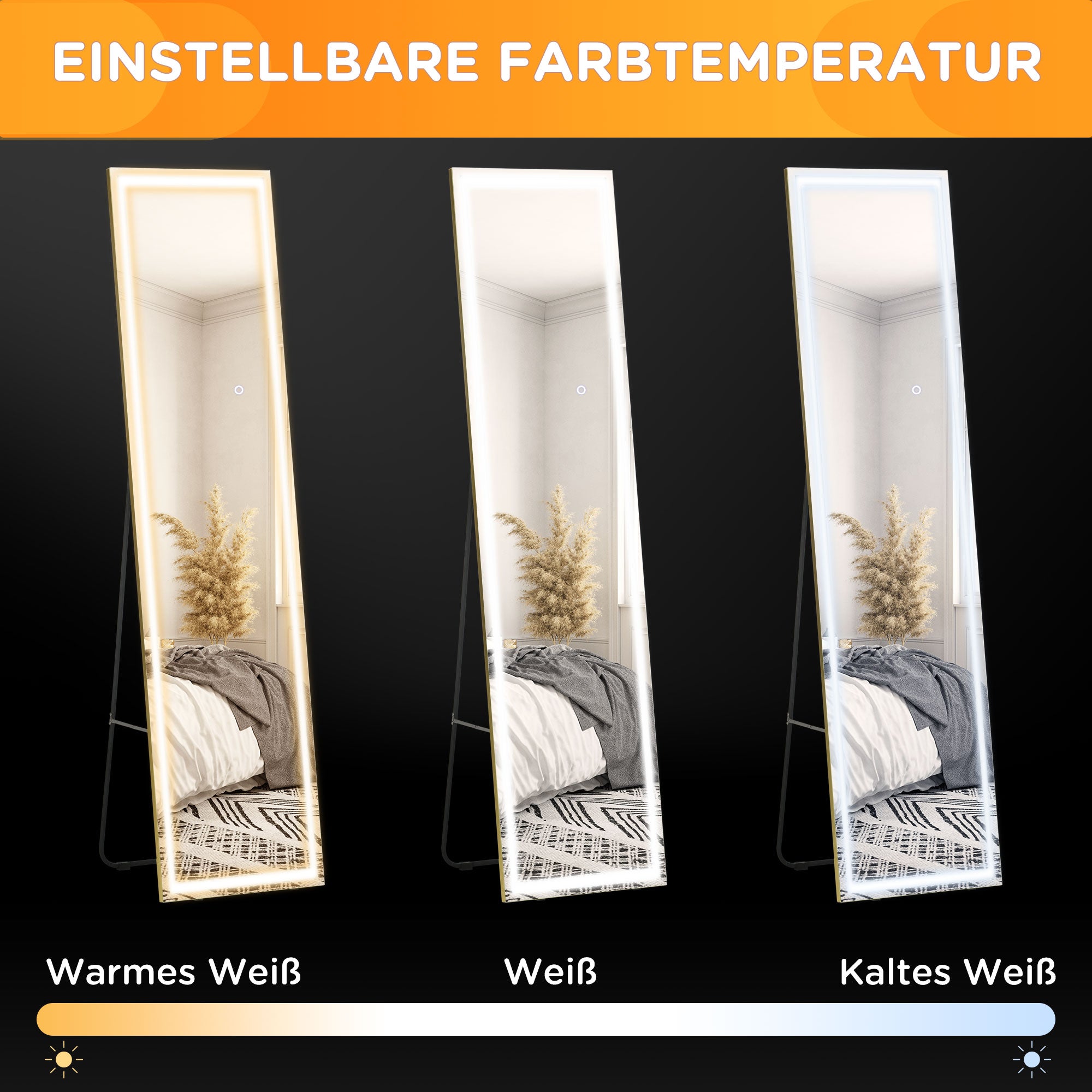 HOMCOM 2 in 1 Ganzkörperspiegel mit LED-Licht, freistehend, wandmontiert, dimmbar, 40 cm x 37 cm x 156,5 cm, Silber