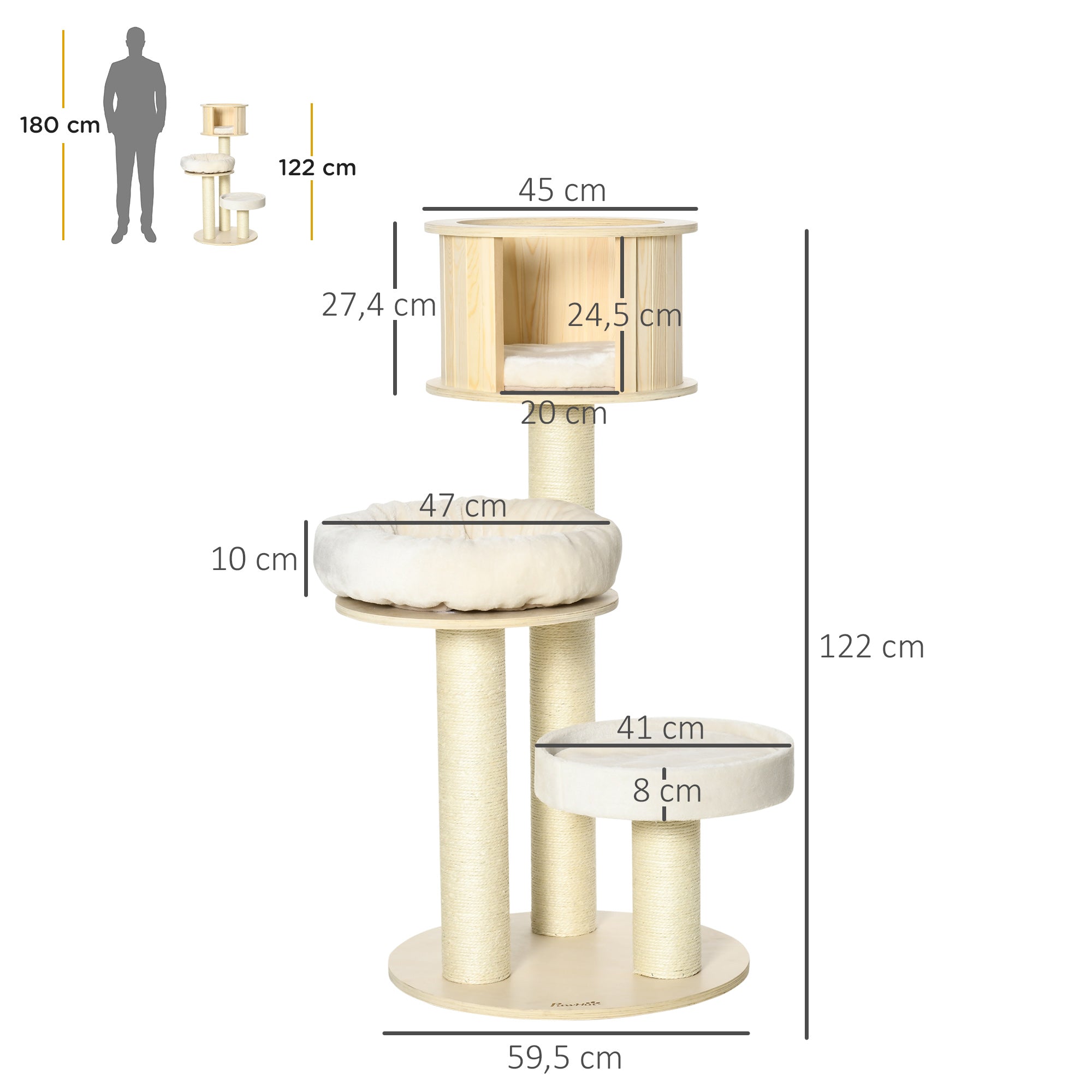 PawHut Kratzbaum Holz 122 cm hoch Katzenturm mit drei Ebenen, Sisalstämme, Plattform, mehrstöckiger Katzenkratzbaum, Kletterbaum für Katzen unter 4,5kg, Natur+Creme