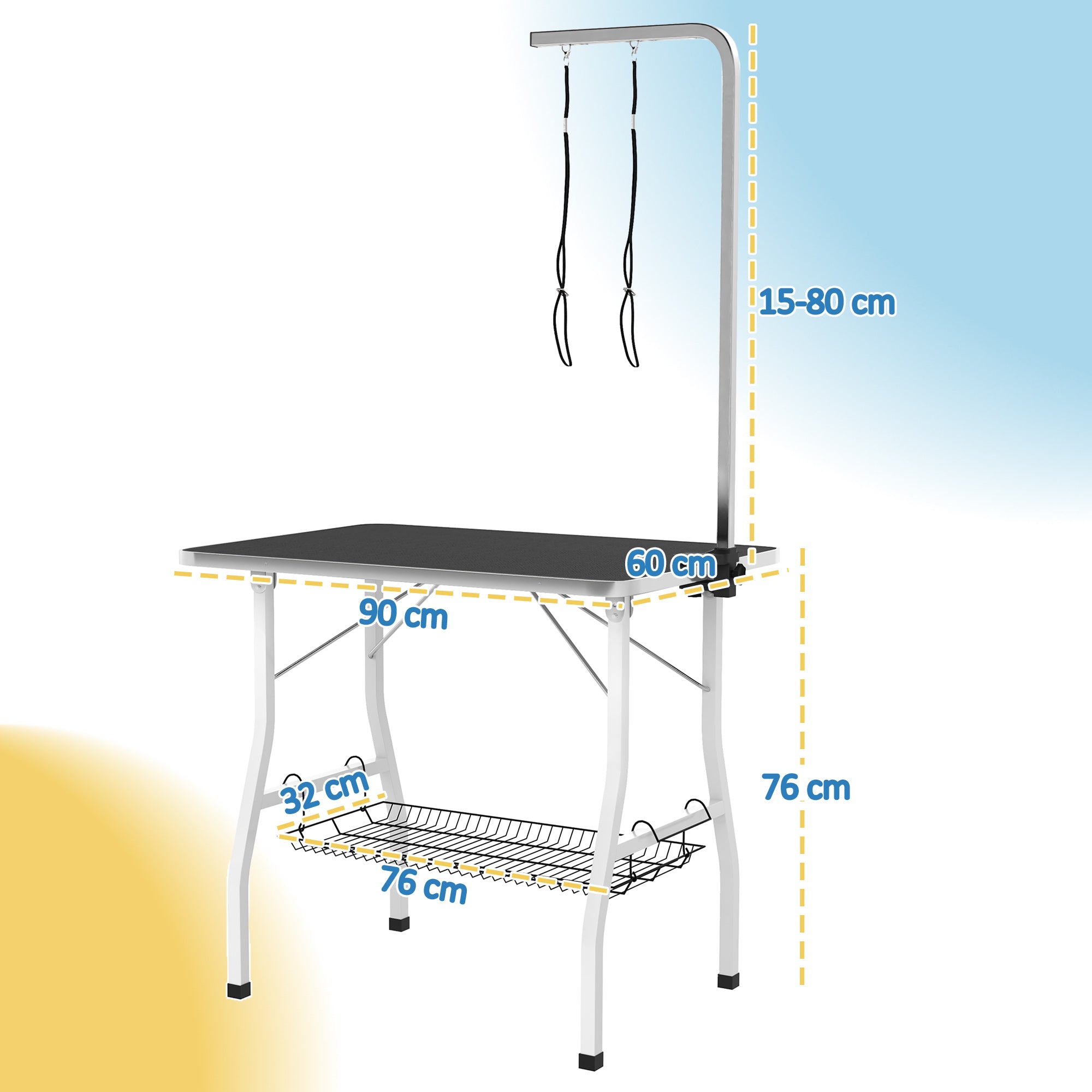 PawHut Hundepflegetisch, Frisiertisch mit einstellbarem Arm, Aufbewahrungsfach, Gummioberfläche, 90 x 60 x 76 cm, Schwarz