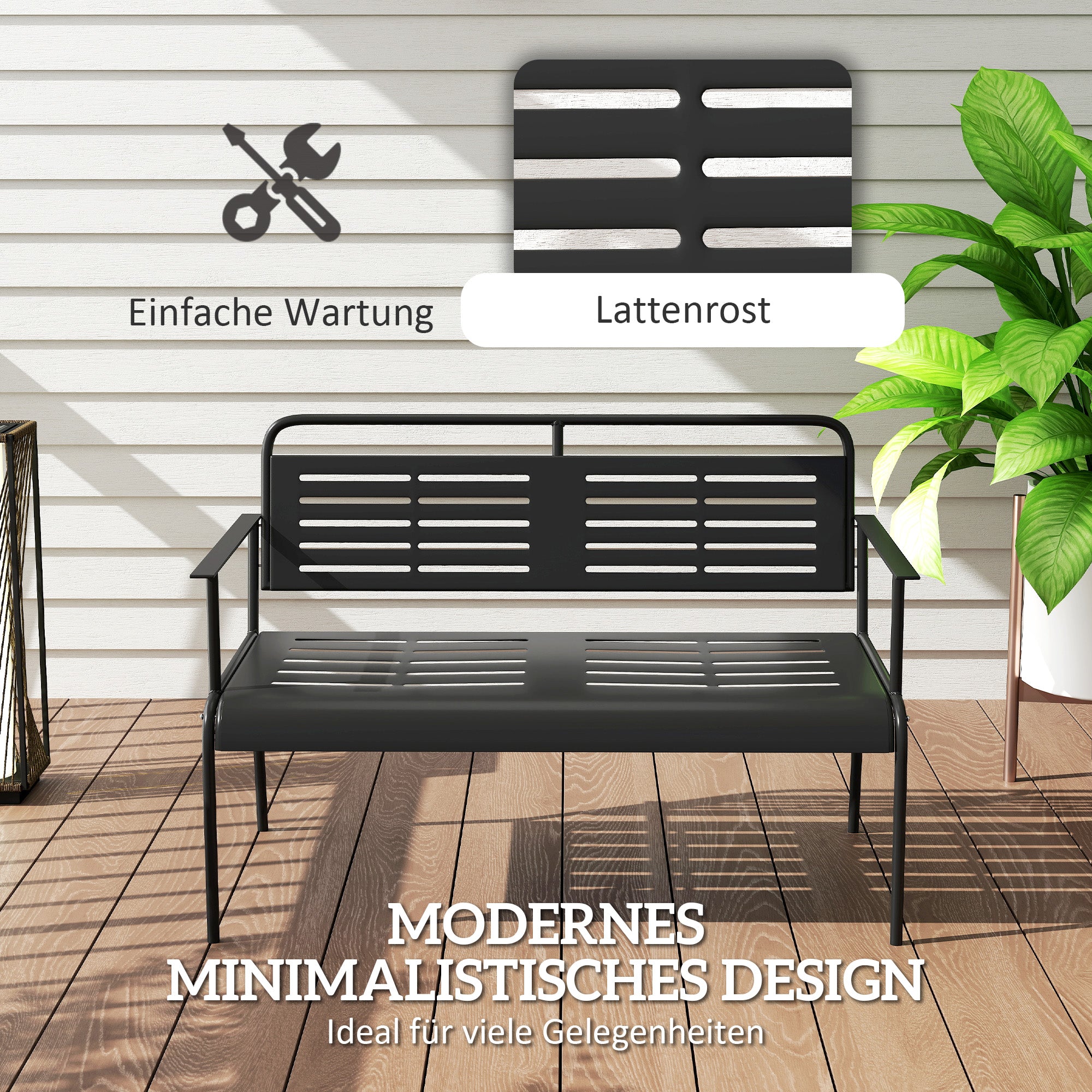 Outsunny -Sitzer Gartenbank, wetterfest Sitzbank, wasserabweisend Gartenmöbel mit Rücken- & Armlehnen 121 x 64 x 84cm, Schwarz