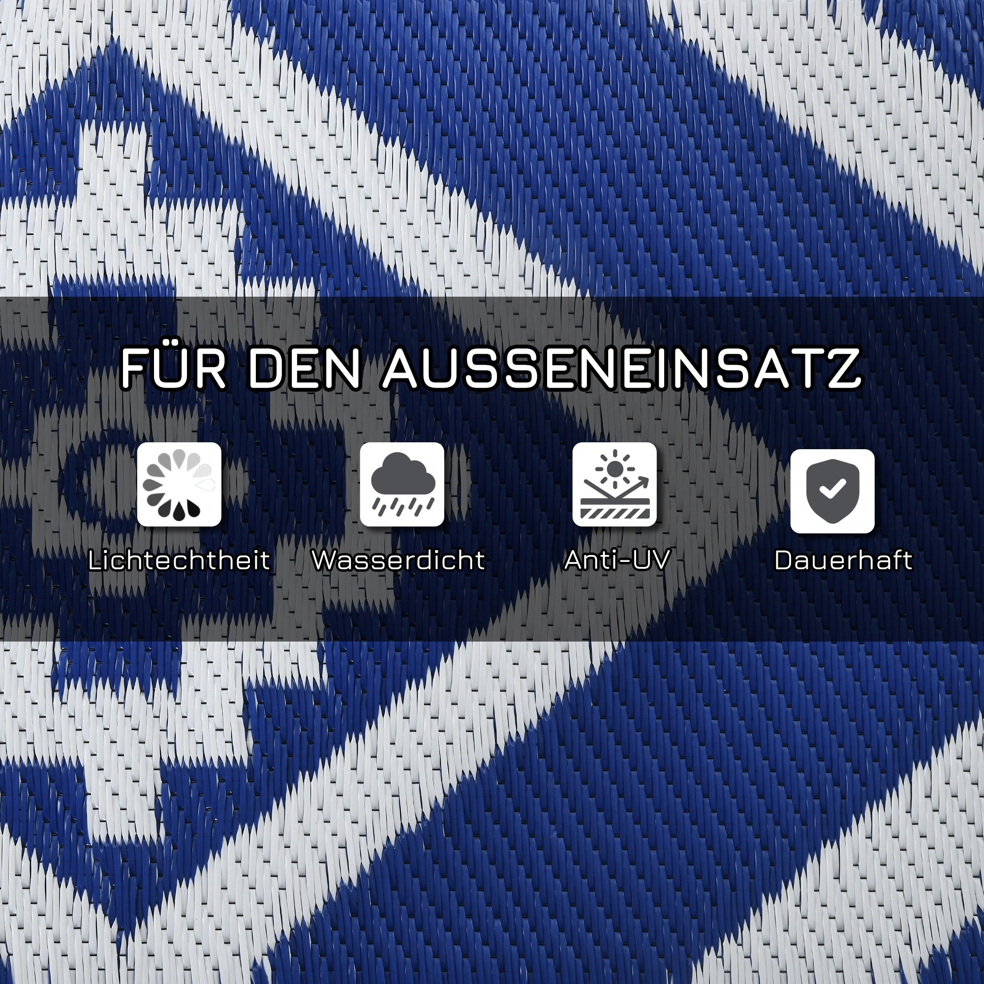 Outsunny Outdoorteppich Terrassenteppich, wetterbeständig, modernes Design, 182 cm x 274 cm x 0,3 cm, Blau + Weiß