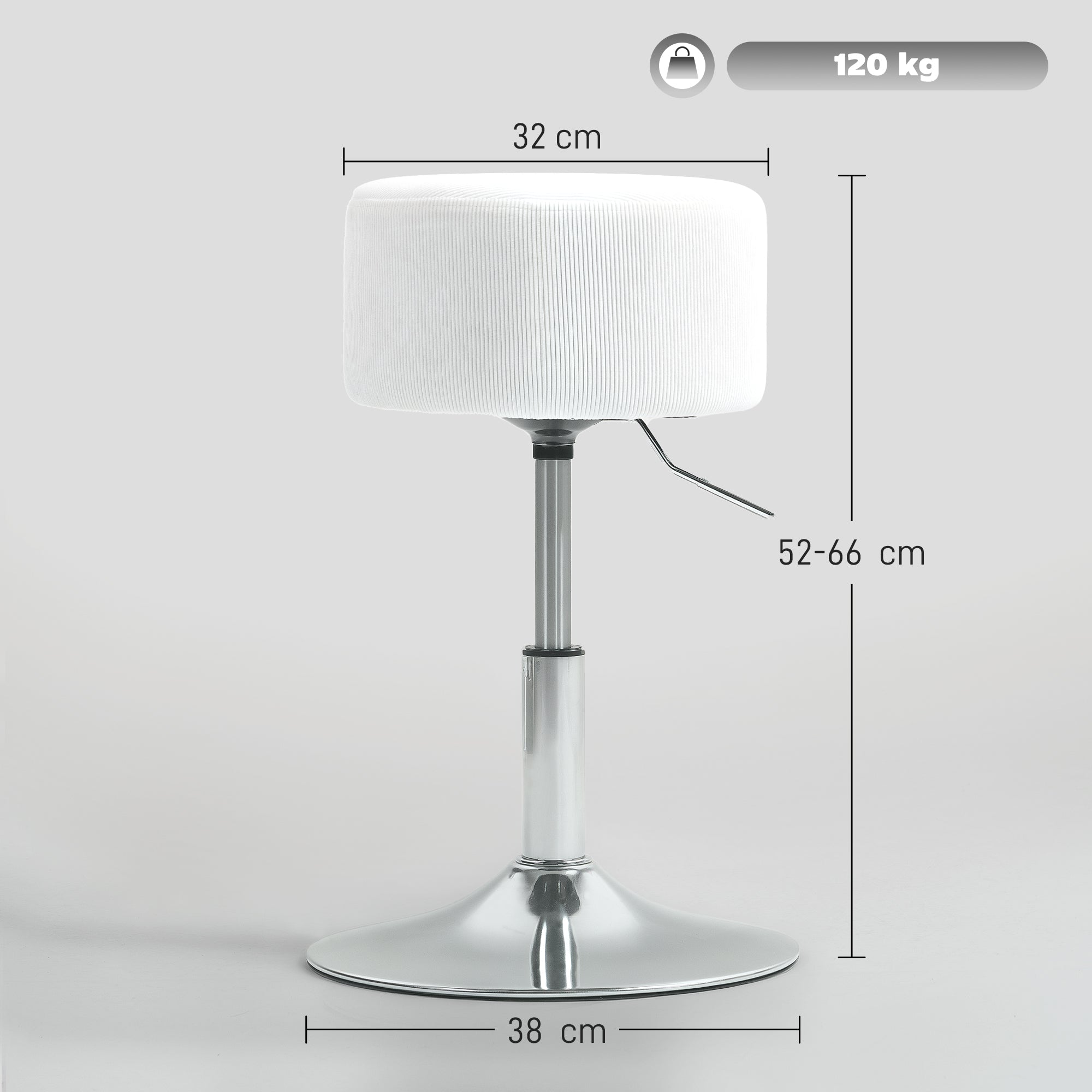 HOMCOM Barhocker, Gepolstert Barstuhl mit Metallgestell, Cordoptik, Höhenverstellbar 360° Drehbar Weiß