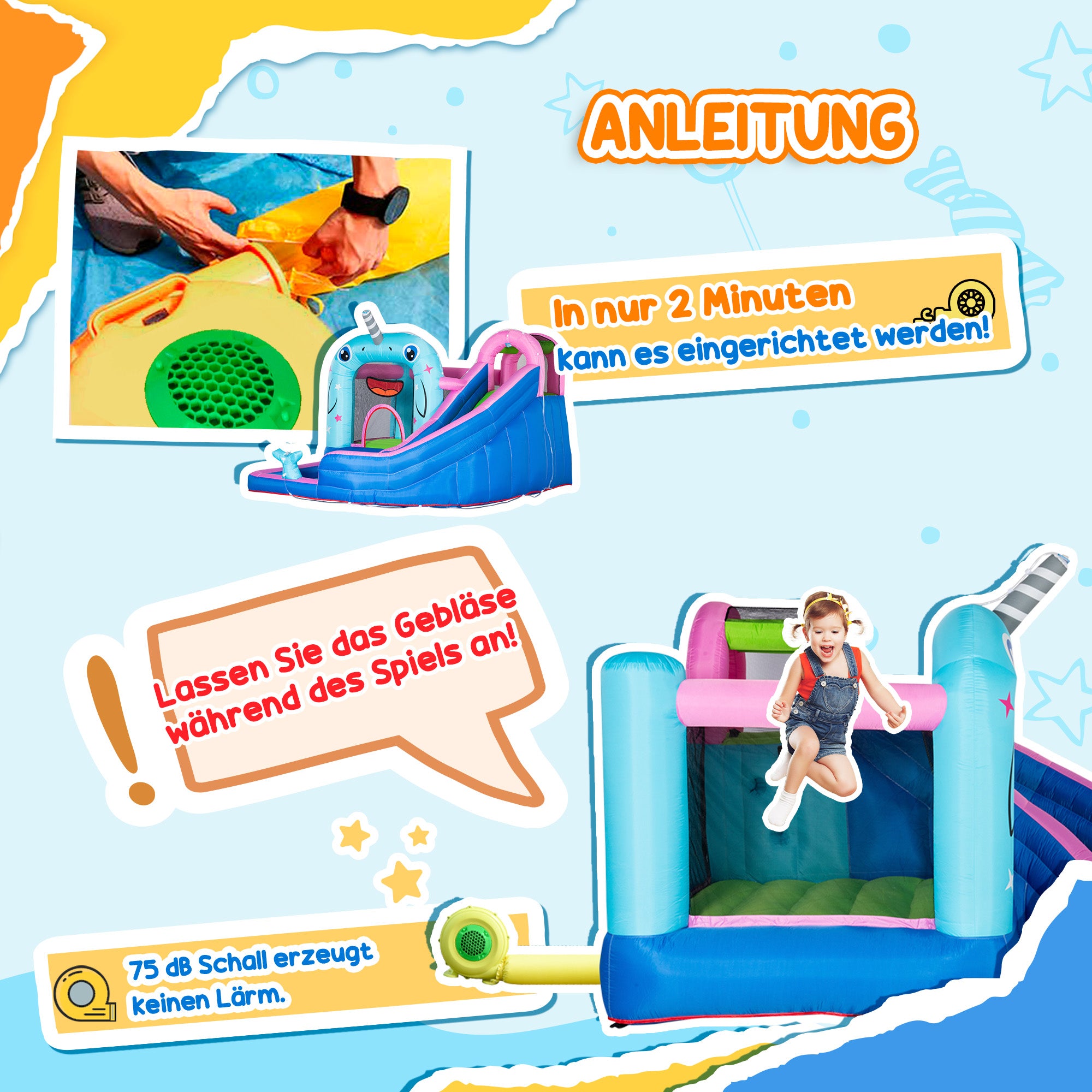 Outsunny Aufblasbare Hüpfburg mit Rutsche, Hüpfecke, Wasserbecken, Wasserdüsen, 330 x 280 x 200 cm