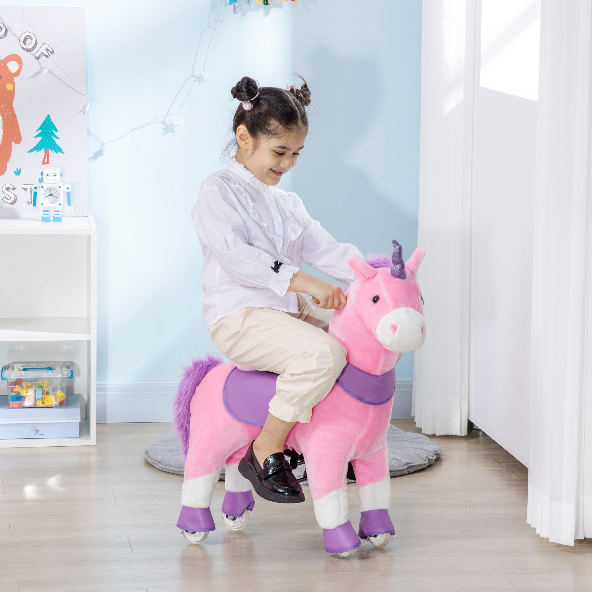 HOMCOM Schaukelpferd Einhorn, 4 Rollen, 2 Pedale, gepolsterter Sattel, 70 cm x 32 cm x 87 cm; Pink + Lila + Weiß