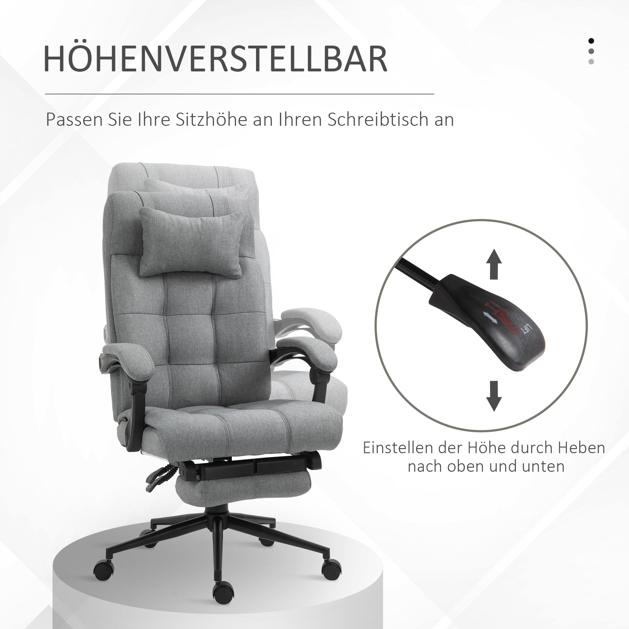 Vinsetto Bürostuhl mit Kopfkissen Armlehne Schreibtischstuhl mit Neigungswinkel Höhenverstellbarer Drehstuhl mit Fußstütze Leinen Schaumstoff PVC Hellgrau 66 x 76 x 112-120 cm