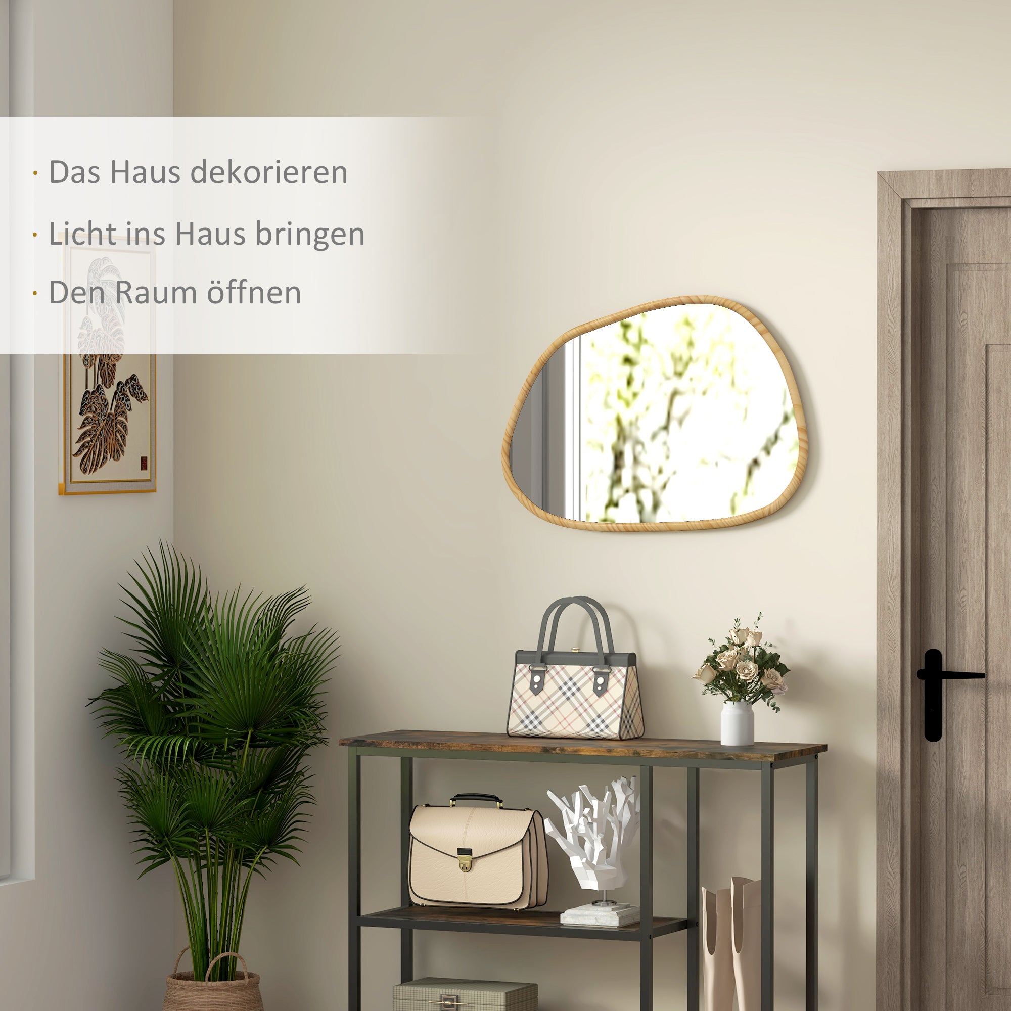 HOMCOM Wandspiegel Dekospiegel Spiegel, Vintage-Design, 70 cm x 2,1 cm x 50 cm, Massivholz, Natur