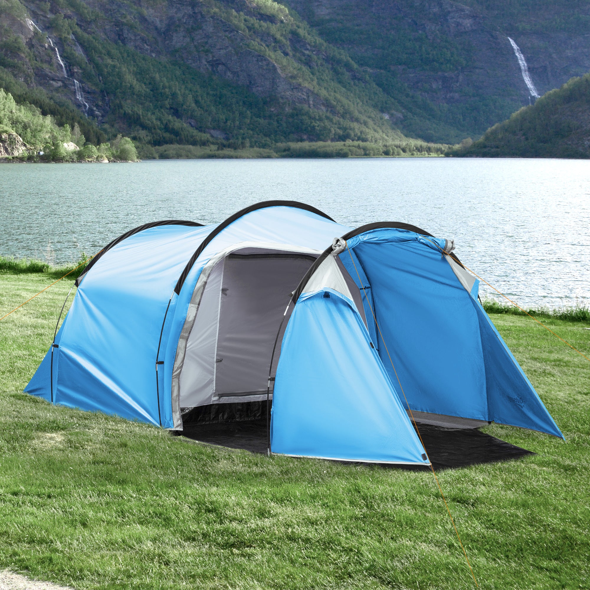 Outsunny Campingzelt, Wurfzelt für 2-3 Personen, Vorraum & Schlafbereich, wasserdicht, 426 x 206 x 154 cm, Hellblau