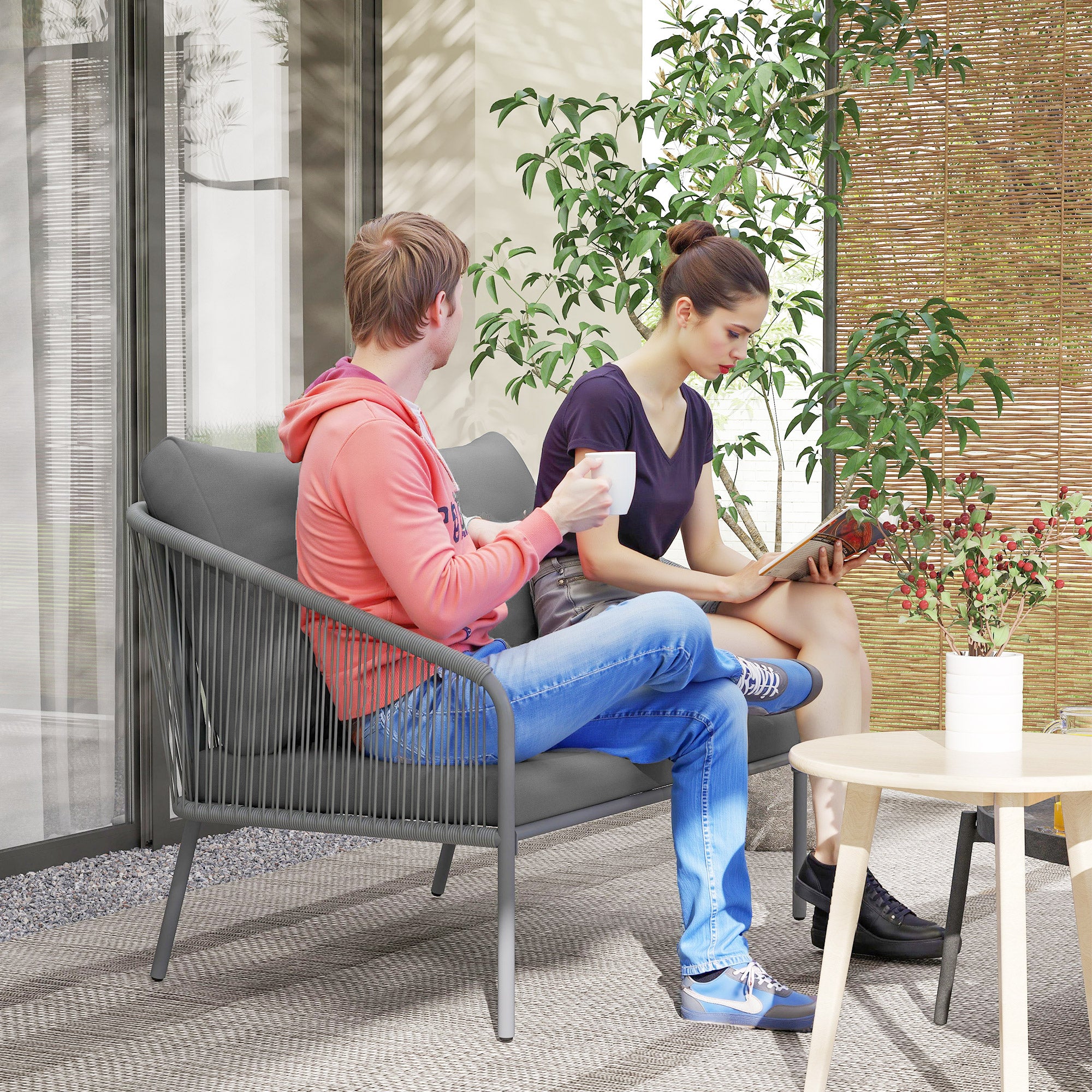 Outsunny Gartensofa mit Kissen 2-Sitzer Rattan Sofa Lounge Sofa Outdoor Balkon Sofa 112 x 72 x 76 cm Grau