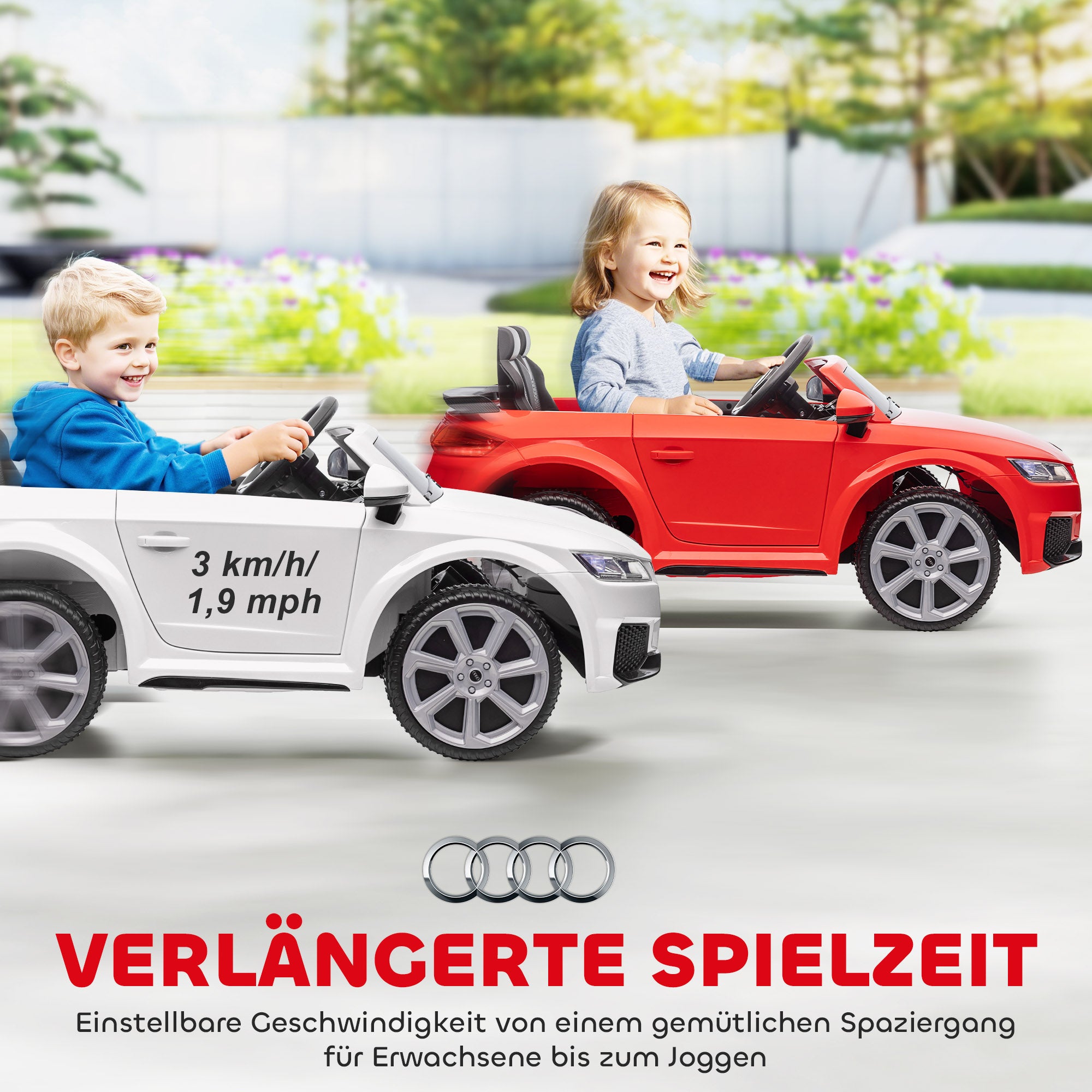 HOMCOM Kinder-Elektroauto, Audi TT RS Roadster, 3 km/h, Fernbedienung, LED, USB, Weiß