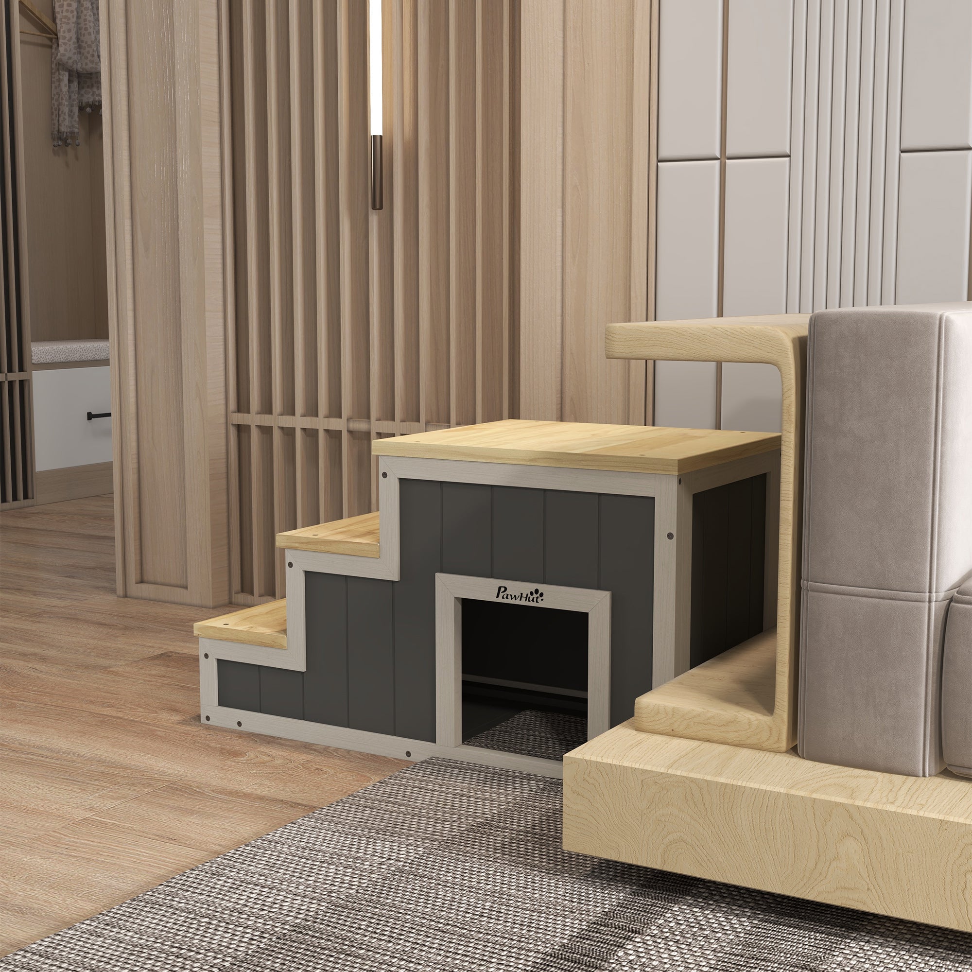 PawHut Haustiertreppe Hundetreppe, 3 Stufen, Kiefernholz, 79 cm x 38,5 cm x 45 cm, Natur + Weiß