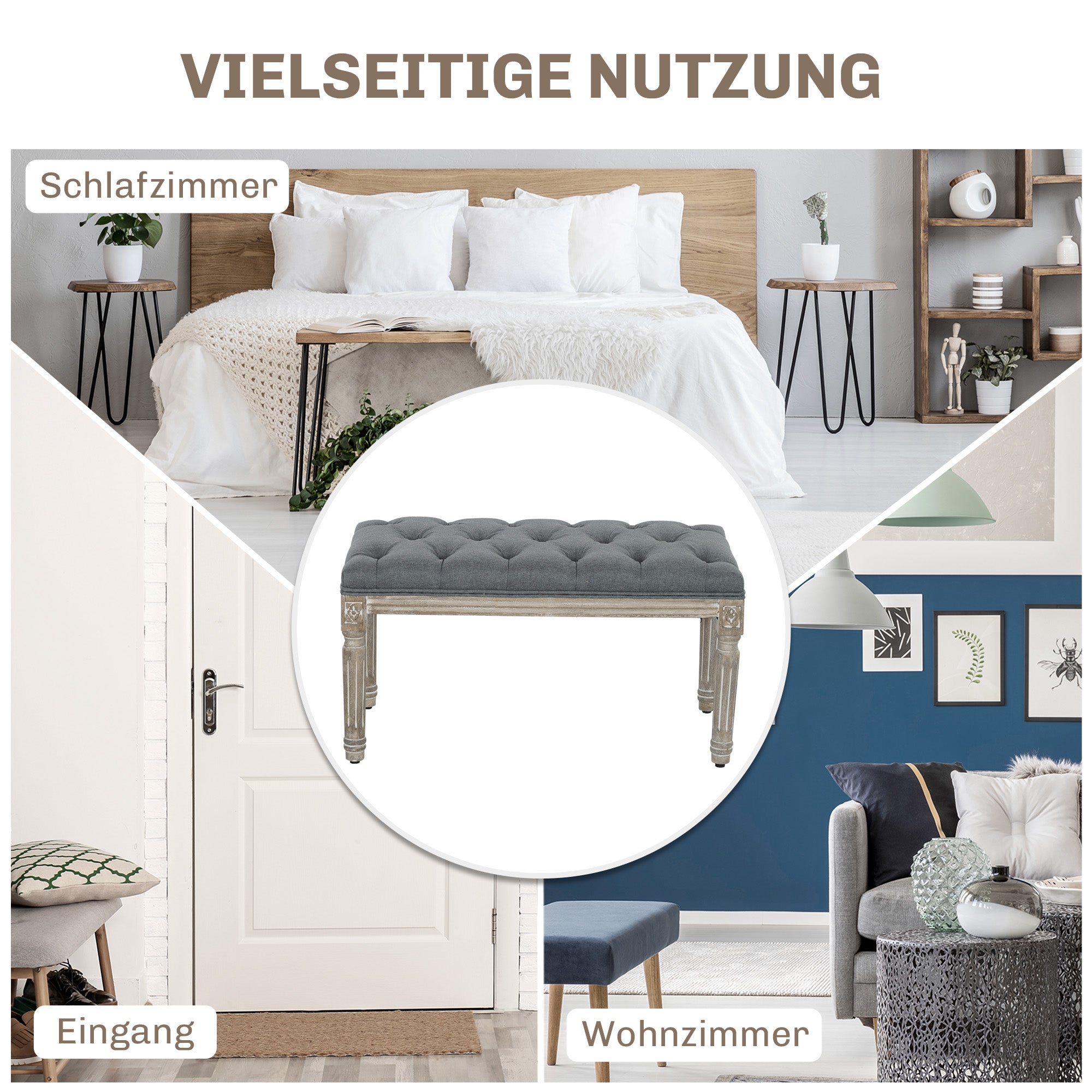 HOMCOM Polsterbank, Sitzbank, Bettbank mit Leinenoptik, Schminkbank für Flur, Diele, Schlafzimmer, Gummiholz, Grau, 81 x 41 x 41 cm