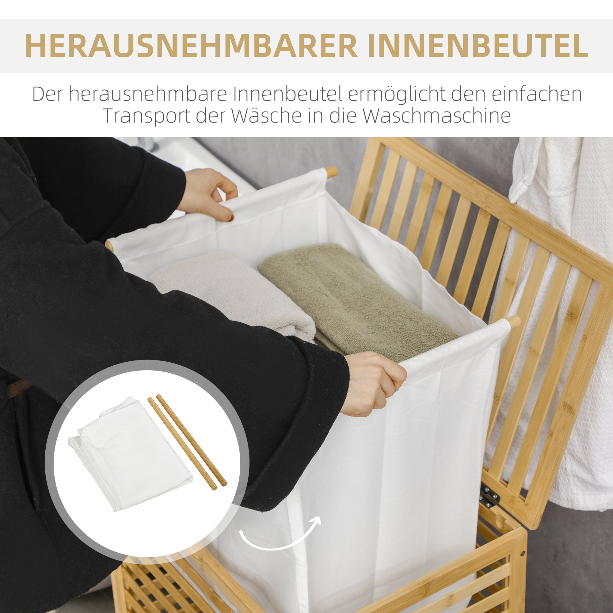 HOMCOM Wäschekorb aus Bambus, herausnehmbarer Wäschesack, wasserbeständig, Natur + Beige