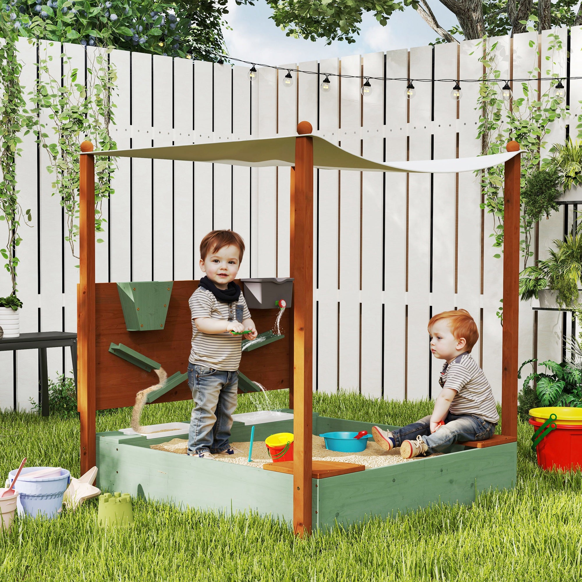 AIYAPLAY Sandkasten mit Sonnendach für Kinder, 2 Aufbewahrungsbehälter, 116L x 112,5B x 128H cm, Tannenholz, Kunststoff, Grün