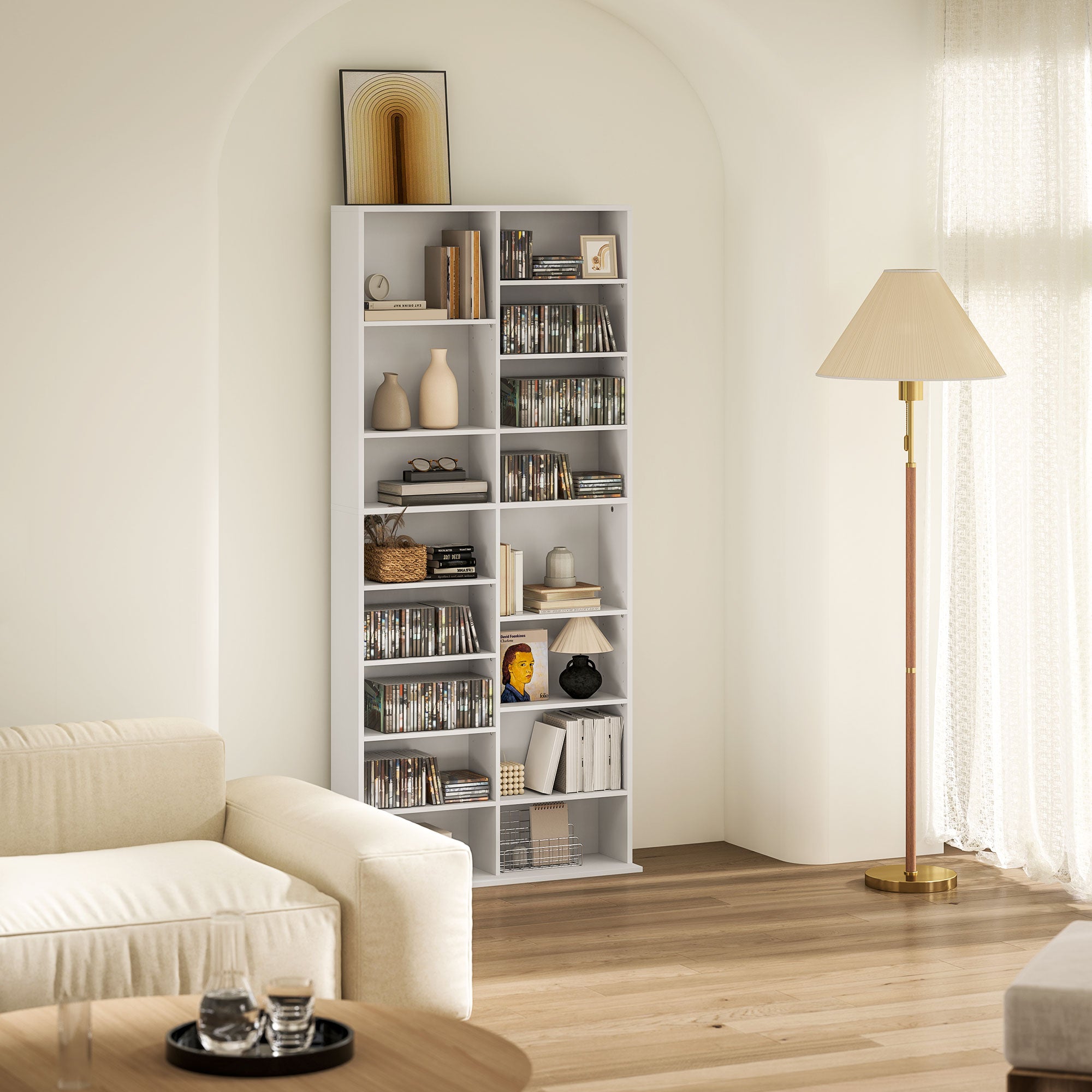 HOMCOM DVD-Regal, CD-Aufbewahrungsregal, 14 anpassbare Regale, 18 Fächer, 175 cm, Blu-ray-Regal, Spanplatte, Weiß