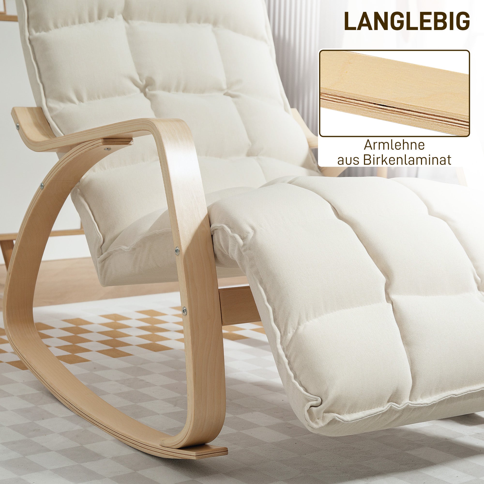 HOMCOM Gepolsterter Schaukelstuhl, Entspannungssessel mit Armlehnen und Stahlrahmen, für Wohnzimmer, Schlafzimmer, Cremeweiß