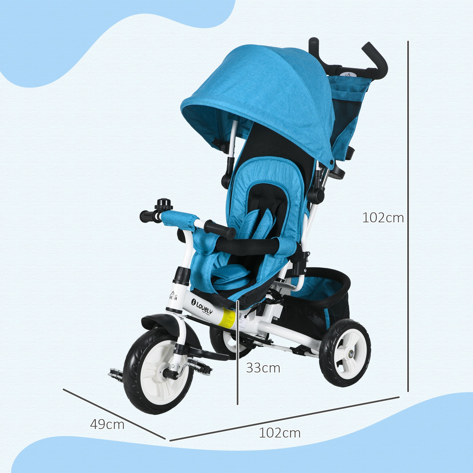 HOMCOM Kinder-Dreirad, Kinderfahrrad, Rückenkorb, Becherhalter, Sonnendach, Metall, Blau