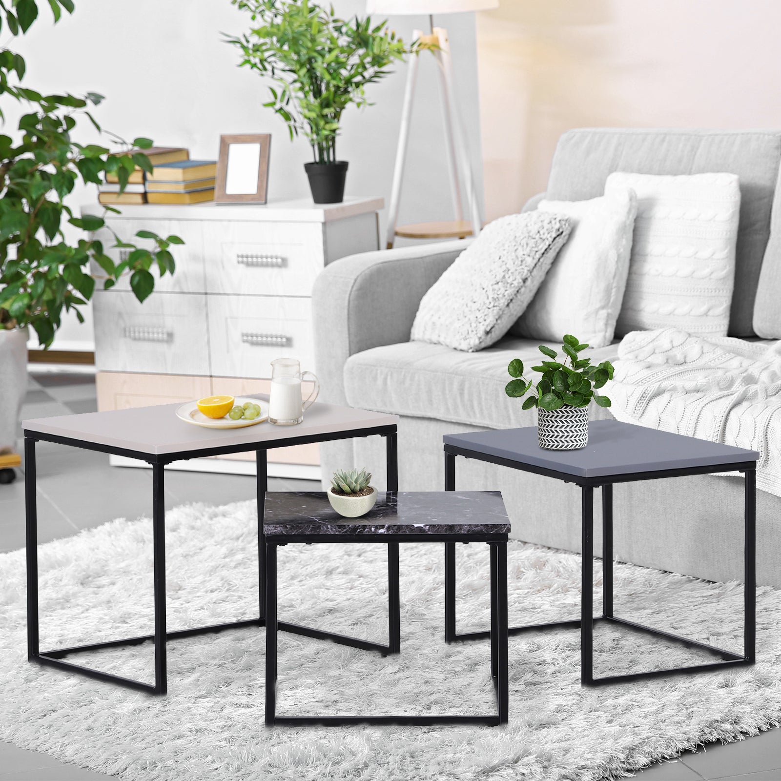 HOMCOM 3er Set Couchtisch Stapeltisch Beistelltisch Kaffeetisch Metallfuß MDF 3 Farben 55 x 40 x 45 cm/48 x 37 x 40 cm/41 x 34 x 35 cm