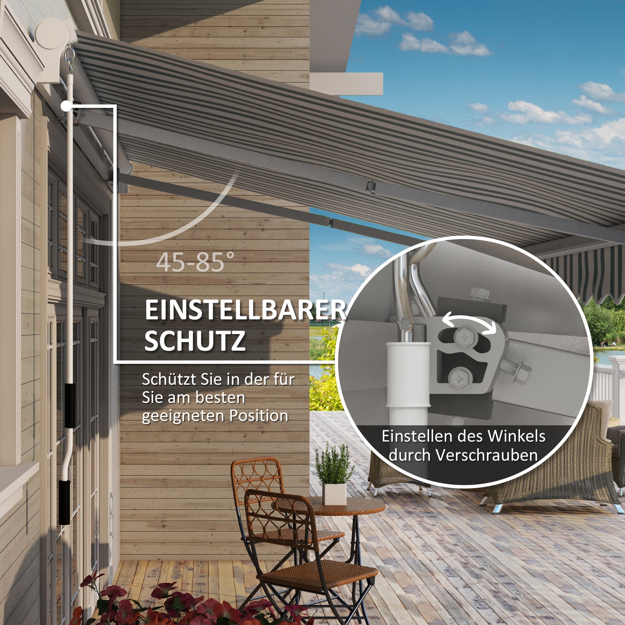 Outsunny Markise, Sonnenschutz, einfahrbar, mit Handkurbel, Metallrahmen, Polyester, weiß+grün, 3,95 x 2,45 m