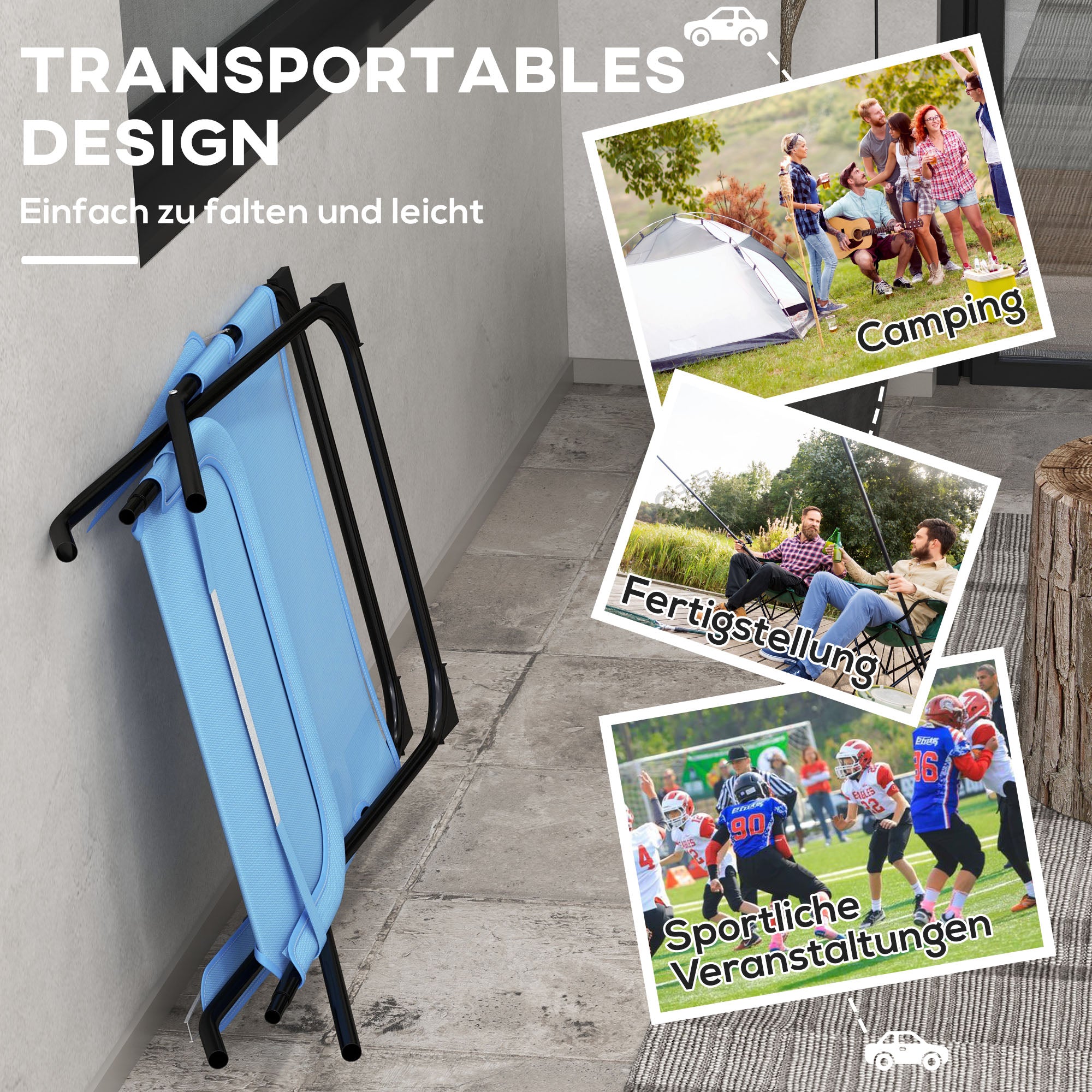 Outsunny Klappstuhl, 4-stufig verstellbar, atmungsaktiv, Metallgestell, 69 x 91 x 96 cm, Schwarz/Blau