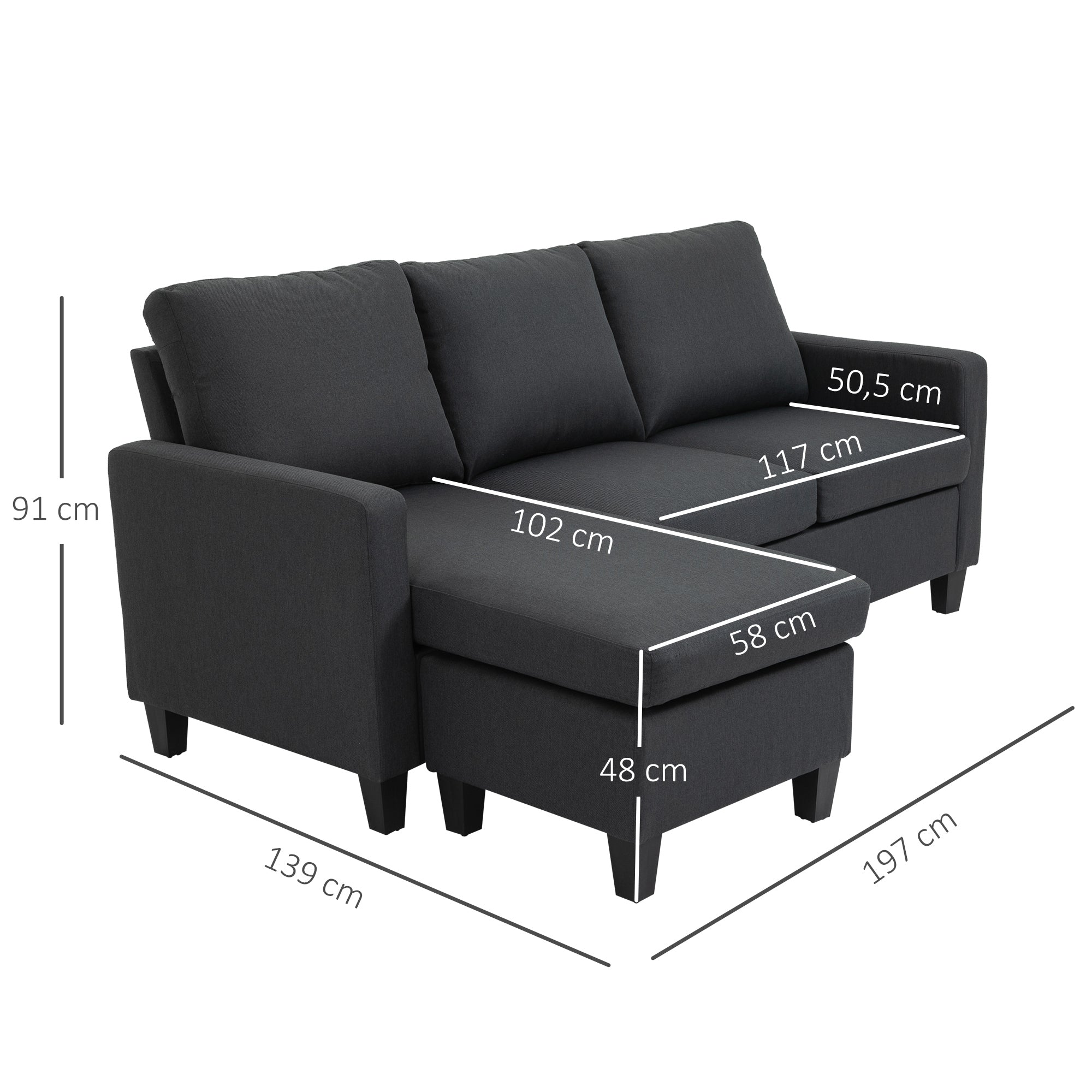 HOMCOM Ecksofa mit Schlaffunktion, 3 Sitzer Sofa und Kissen, Eckcouch, L-Form Couch für Wohnzimmer, Schlafzimmer 197 x 139 x 91 cm, Leinen, Dunkelgrau