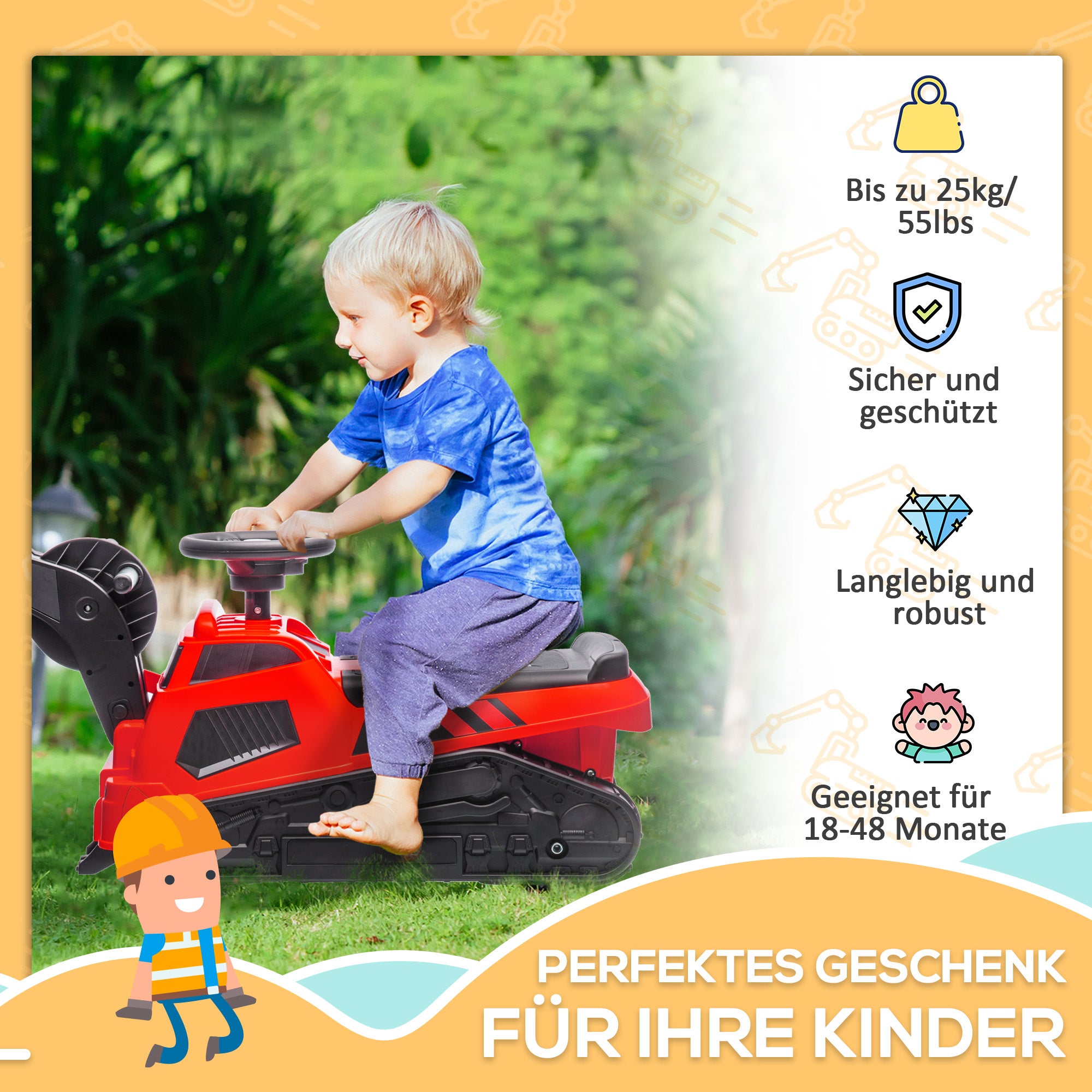 HOMCOM 3-in-1 Aufsitzbagger für Kinder 1,5 bis 4 Jahre, Musikfunktion, Schwarz/Rot