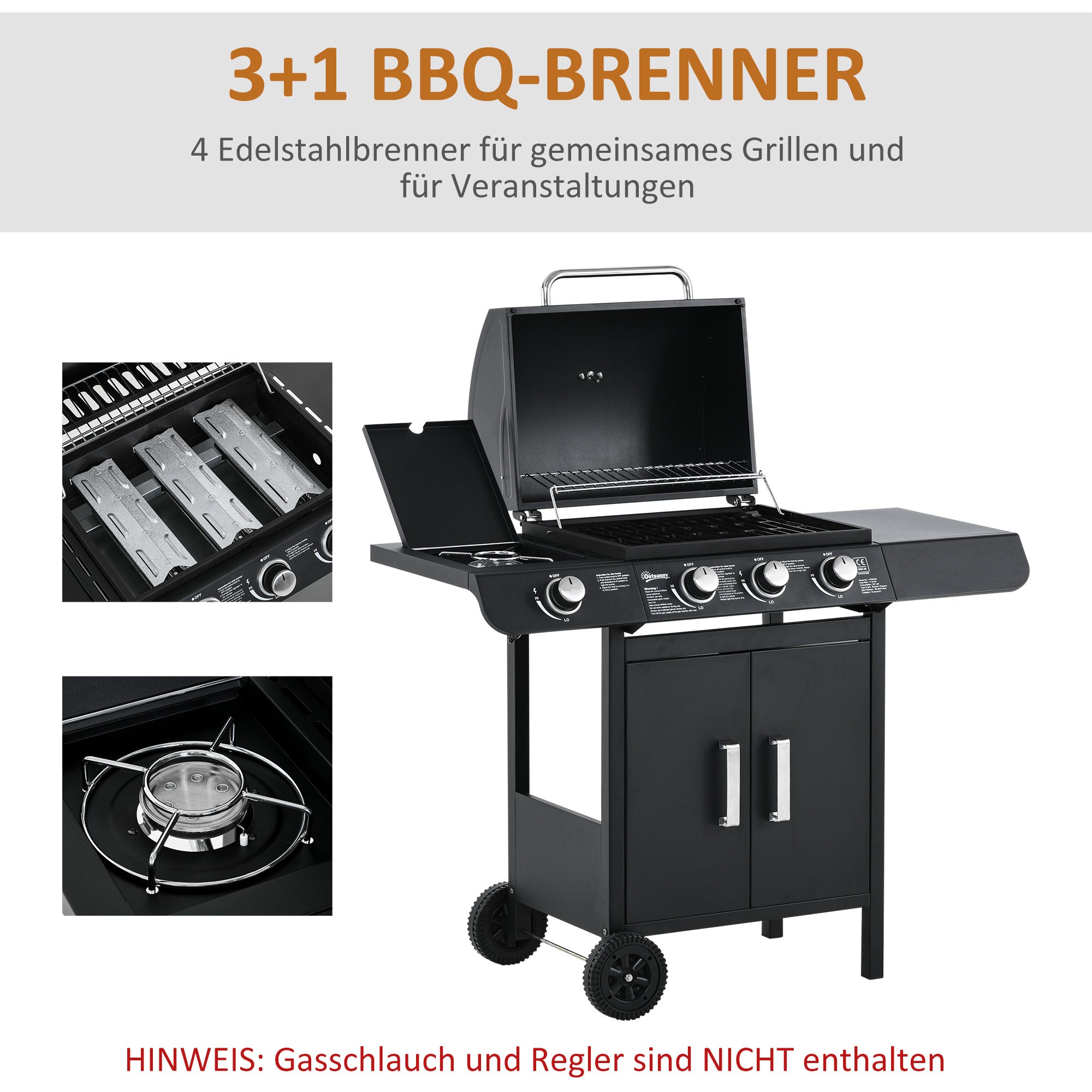 Outsunny Gasgrill mit 3 Hauptbrennern + 1 Seitenbrenner, Ablage, rostfreier Stahl, schwarz, 110 x 50 x 100 cm