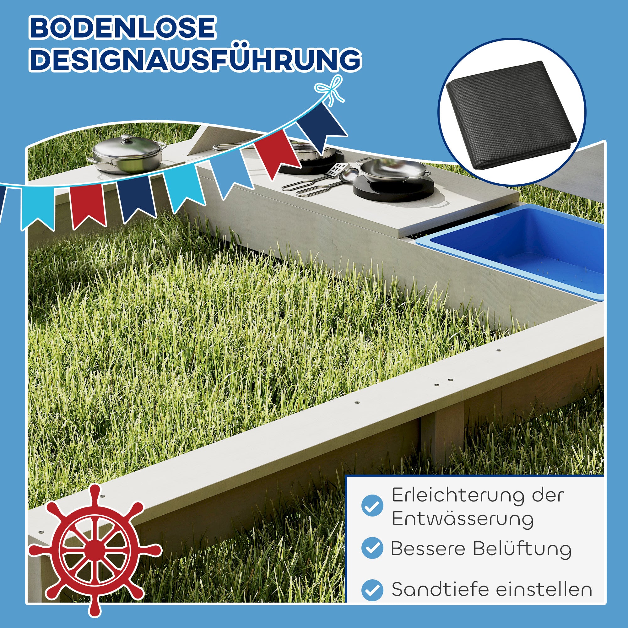 Outsunny Sandkasten mit Sonnendach Piratenschiff, inkl. Kinderküchenspielset, Massivholz, 180 x 103 x 144,5 cm, Grau