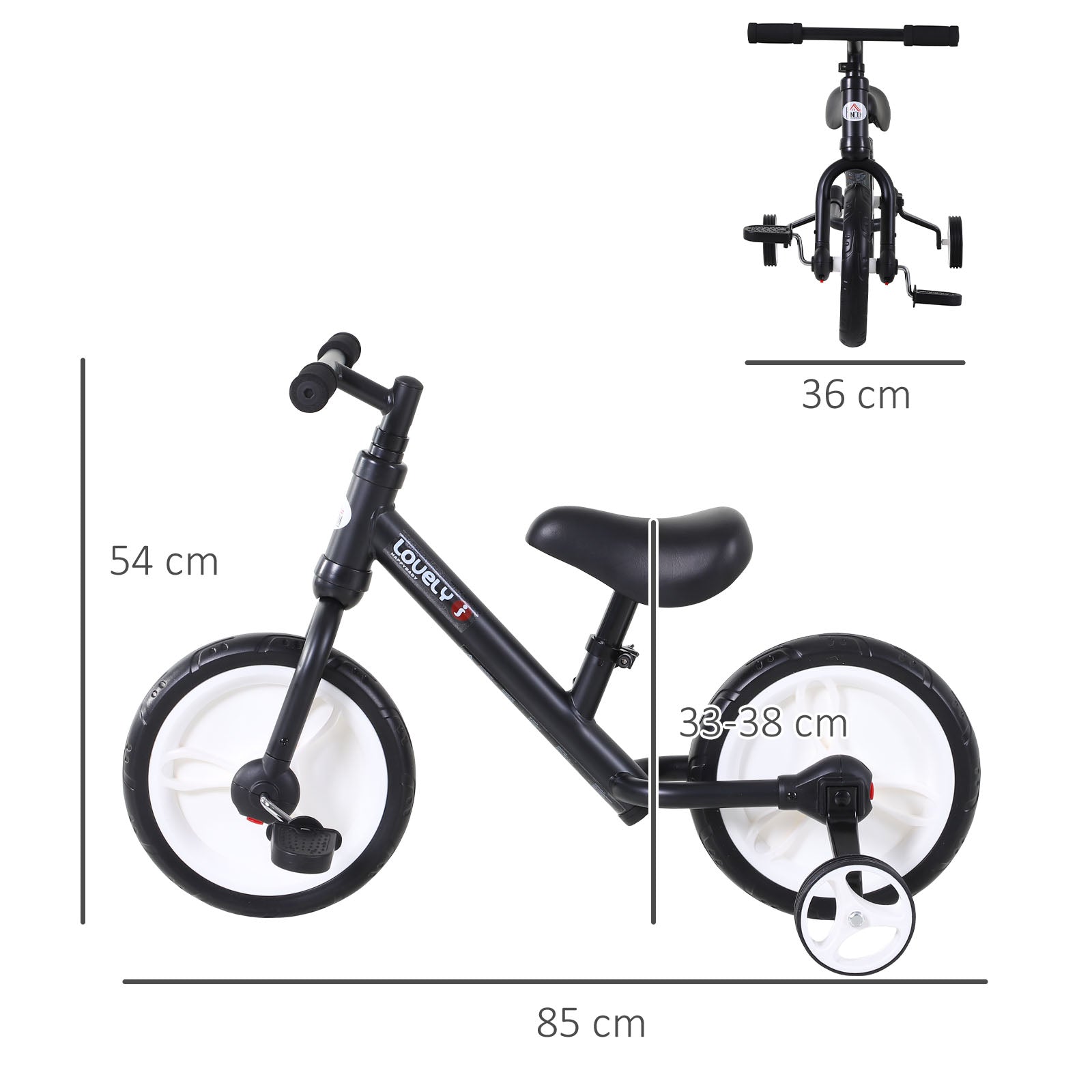 HOMCOM Kinder Laufrad, Lauflernrad, Kinderfahrrad, 2-in-1, Kinderrad mit Stützrädern und Pedalen, 2-5 Jahre, Sitzhöhenverstellbar, PP, Schwarz, 85 x B36 x H54 cm