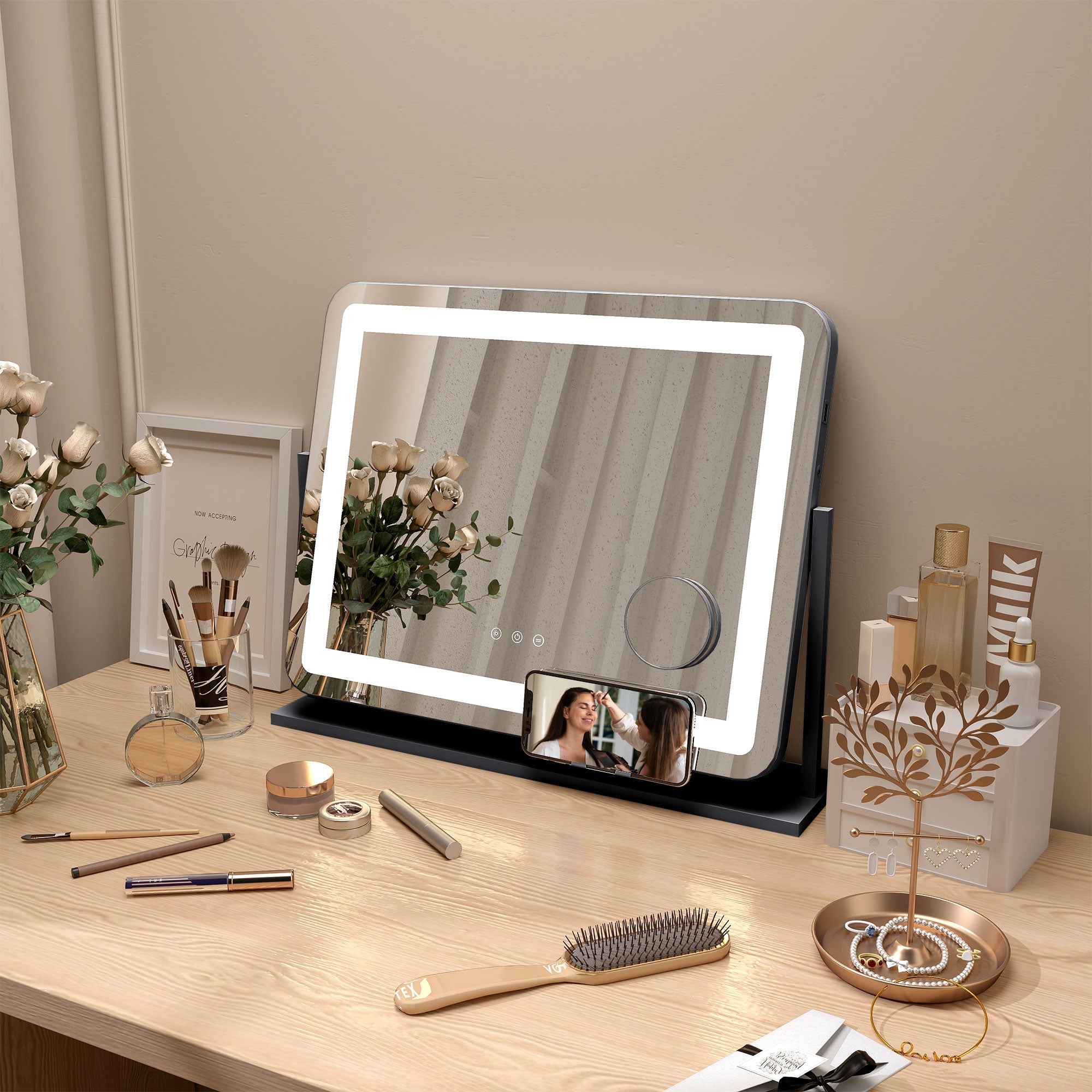 HOMCOM Schminkspiegel mit LED-Lampen, USB-Anschluss, 3 Modi, drehbar, Schwarz