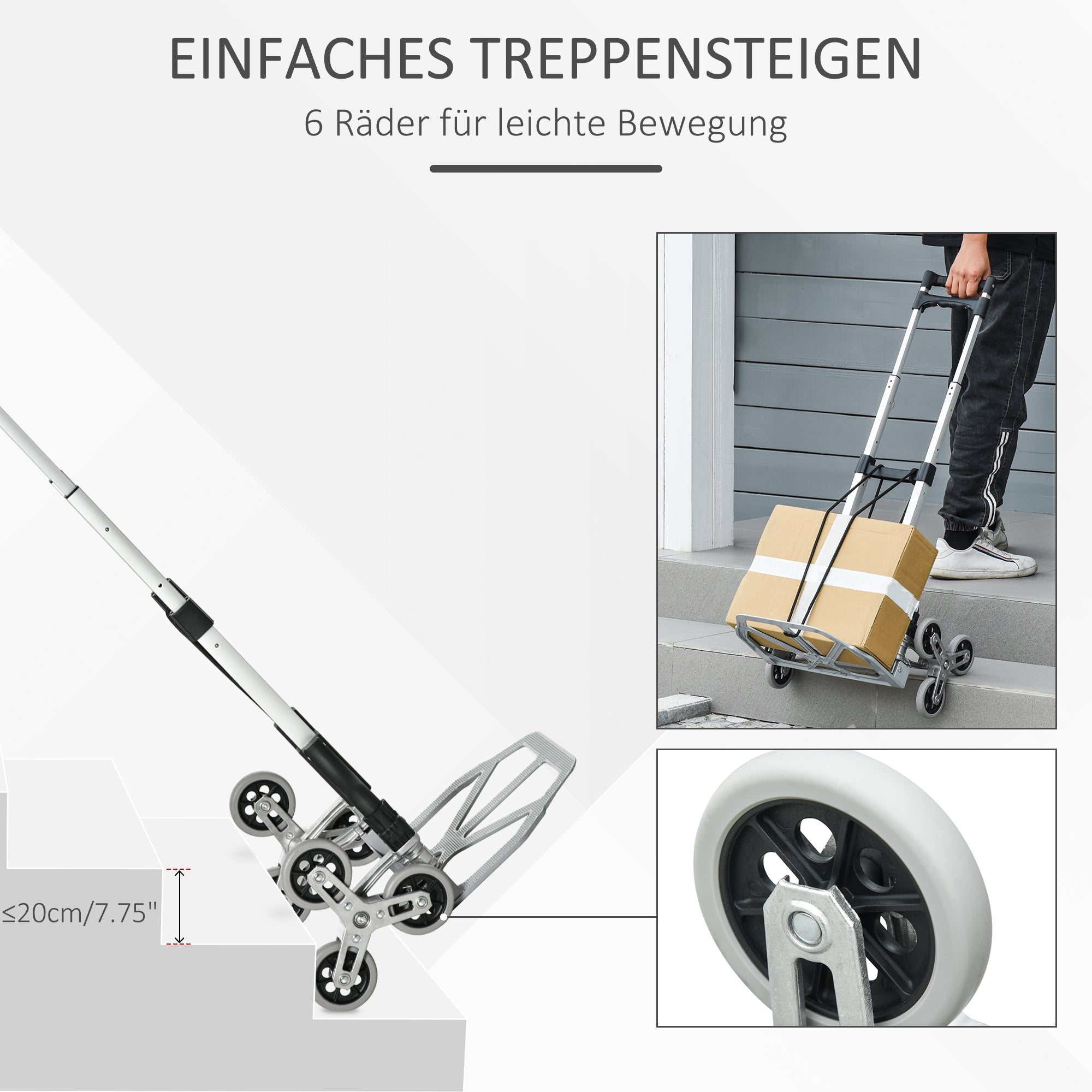 DURHAND Klappbarer Treppensteiger mit 6 Rädern, inkl. Befestigungsgurt, automatische Klappfunktion, Silber + Schwarz