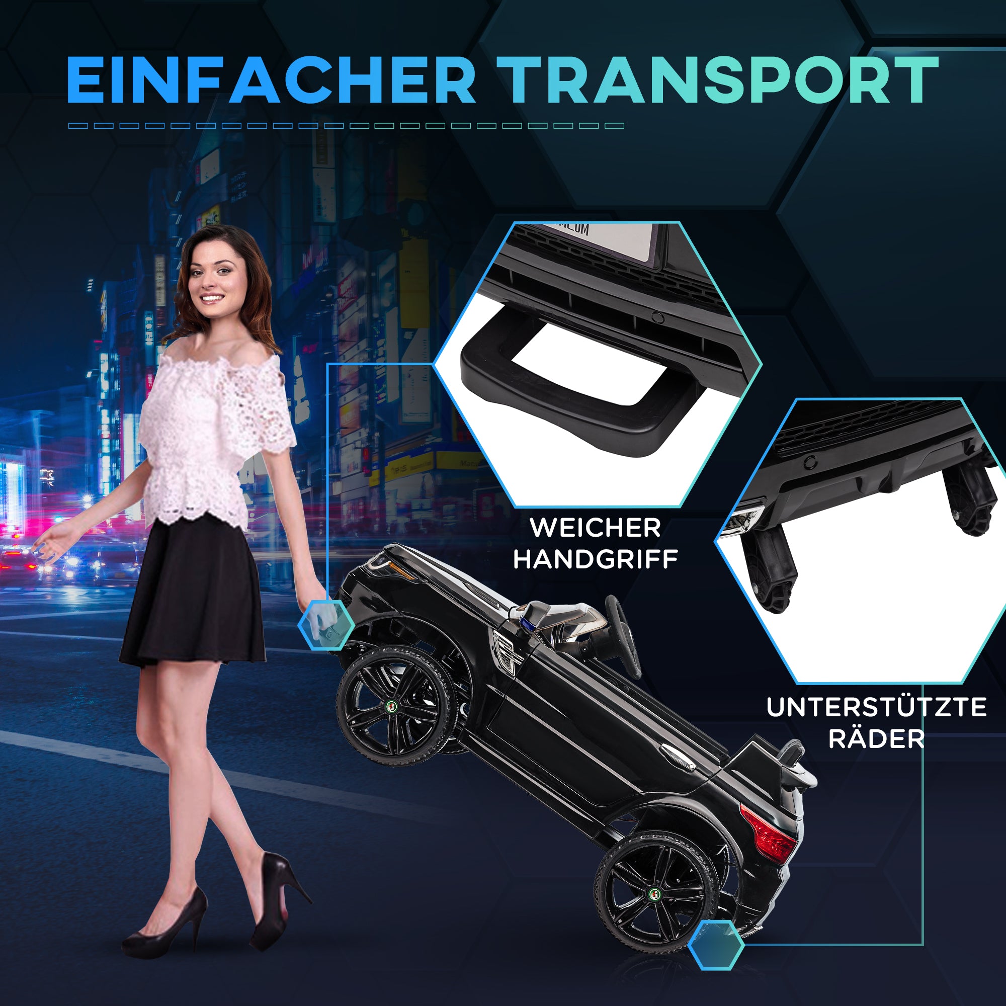 HOMCOM Kinder-Elektroauto SUV, bis 5 kmh/h, mit Sicherheitsgurt, Fernbedienung, Scheinwerfern, Musikfunktion, schwarz