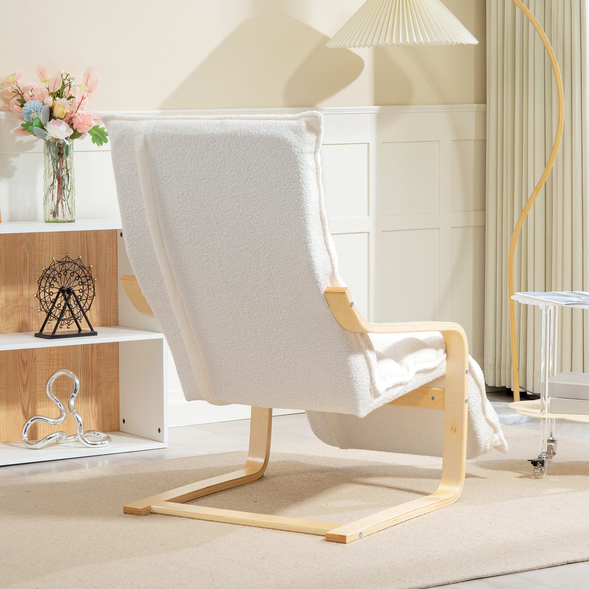 HOMCOM Lounge-Sessel aus Birkenholz, Polstersessel, verstellbare Fußstütze, Weiß