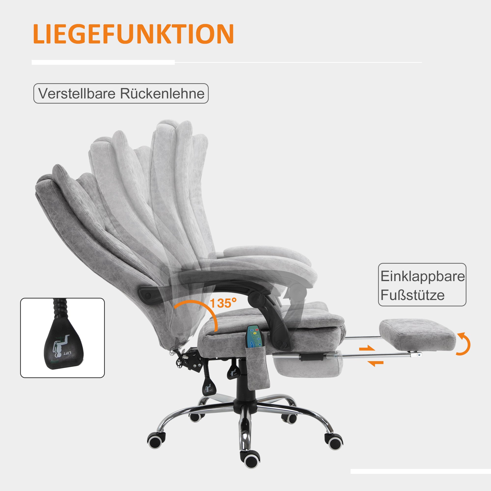 Vinsetto Bürostuhl mit Massagefunktion, Ergonomischer Schreibtischstuhl mit Heizfunktion, Liegefunktion, Höhenverstellbarer Drehstuhl mit Fußstütze, Seitentasche, Grau