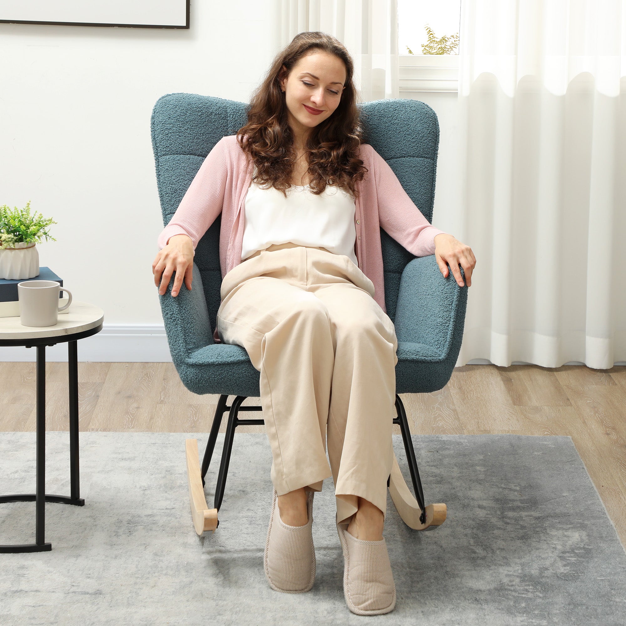 HOMCOM Schaukelstuhl, ergonomische Form, Echtholzkufen, bis 120 kg, Hellblau