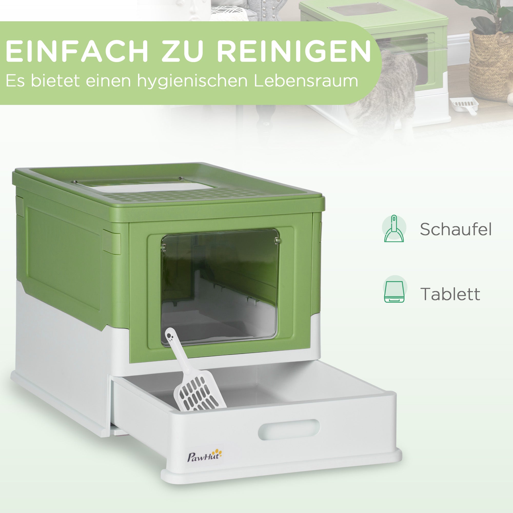 PawHut Katzentoilette, klappbar, 2 Türen, Streuschaufel, 47,5x35,5x36,7cm, Weiß/Grün