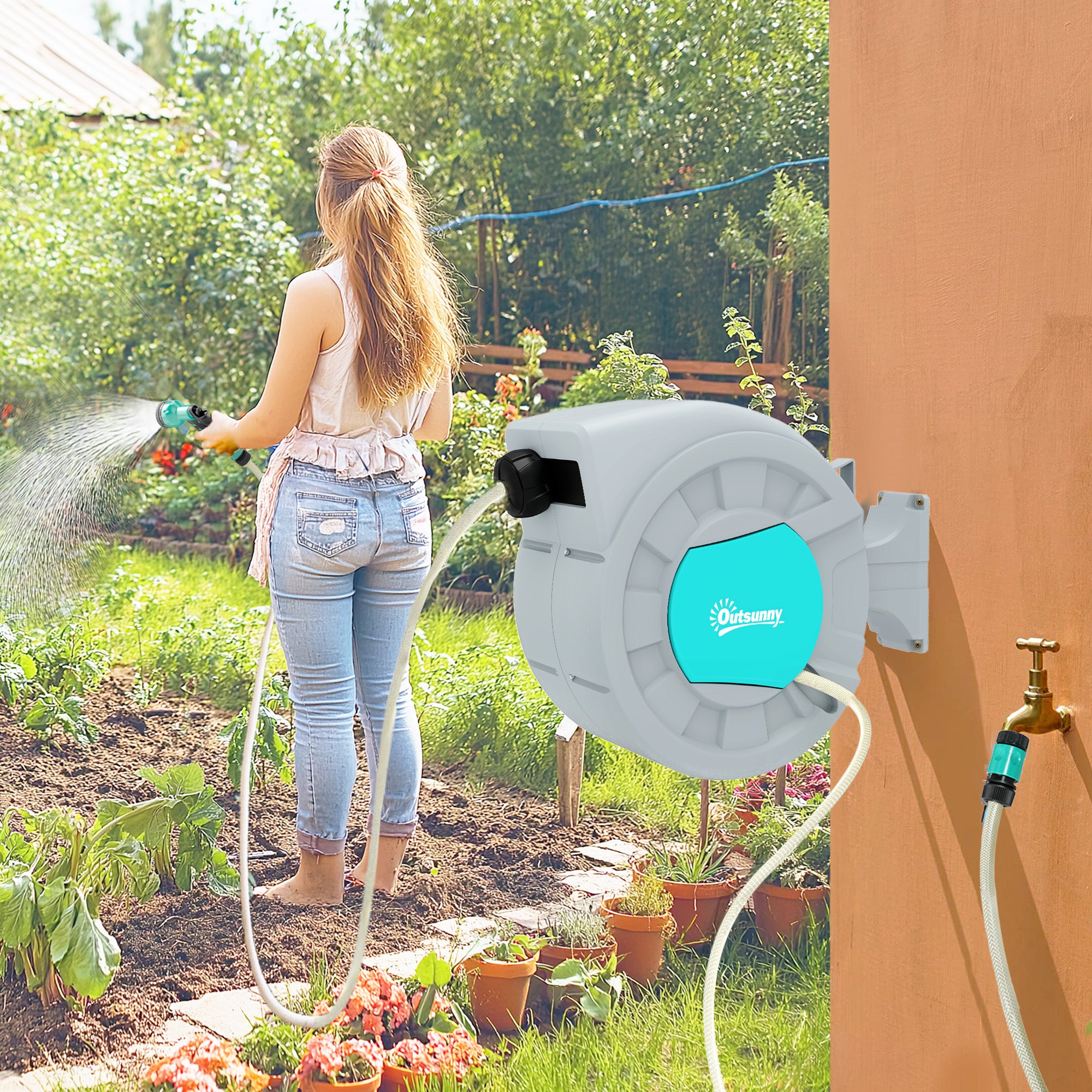 Outsunny Schlauchtrommel Gartenschlauch 30m Automatik 7 Sprühfunktionen
