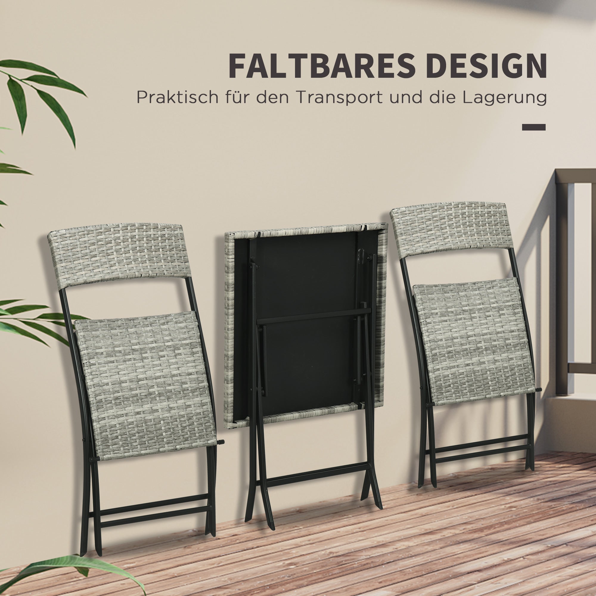 Outsunny 3-tlg. Gartensitzgruppe, 2 Klappstühle, 1 Klapptisch, Rattanoptik, Metallrahmen, hellgrau