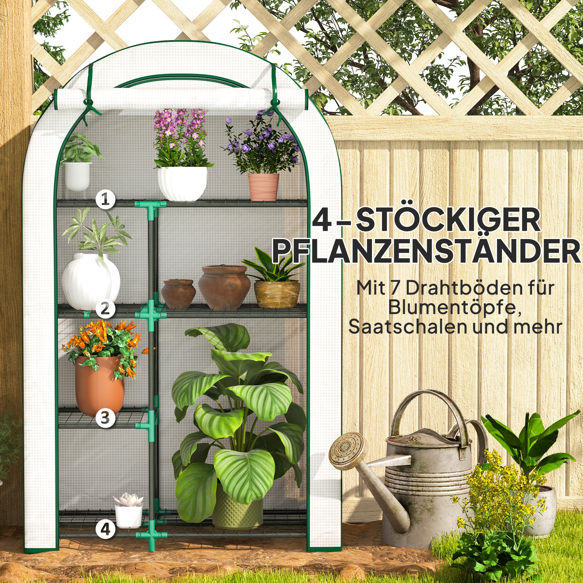 Outsunny Mini-Gewächshaus, 4-stufiges Gewächshaus mit Kunststoff-Plane, tragbar, Rolltür, 100 x 45 x 160 cm, Weiß