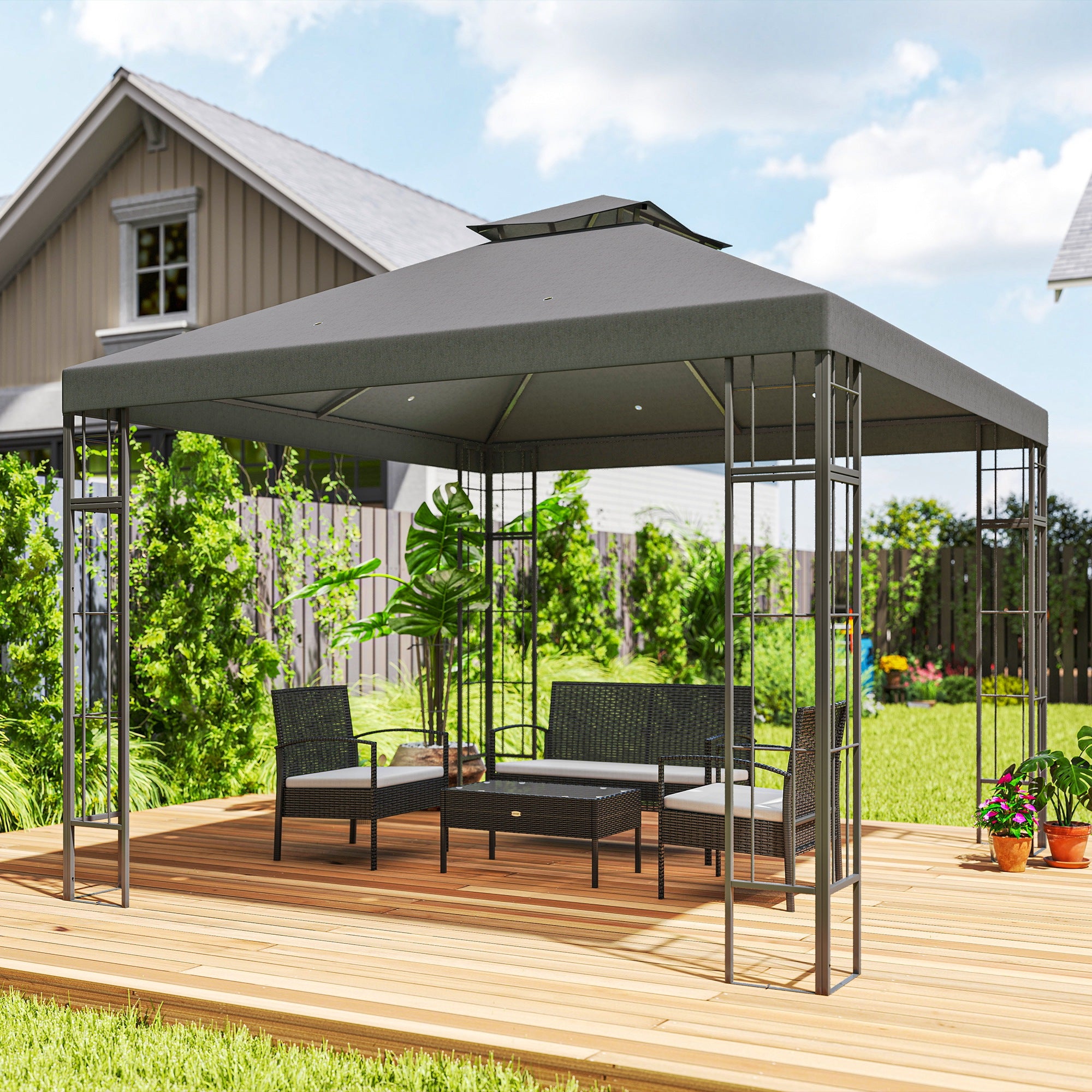 Outsunny 3 x 3 m Garten-Pavillon, 2-Stufen-Dach-Design, UV30+ Schutz, UV-beständig, Sonnenschutz, Metallrahmen, Dunkelgrau