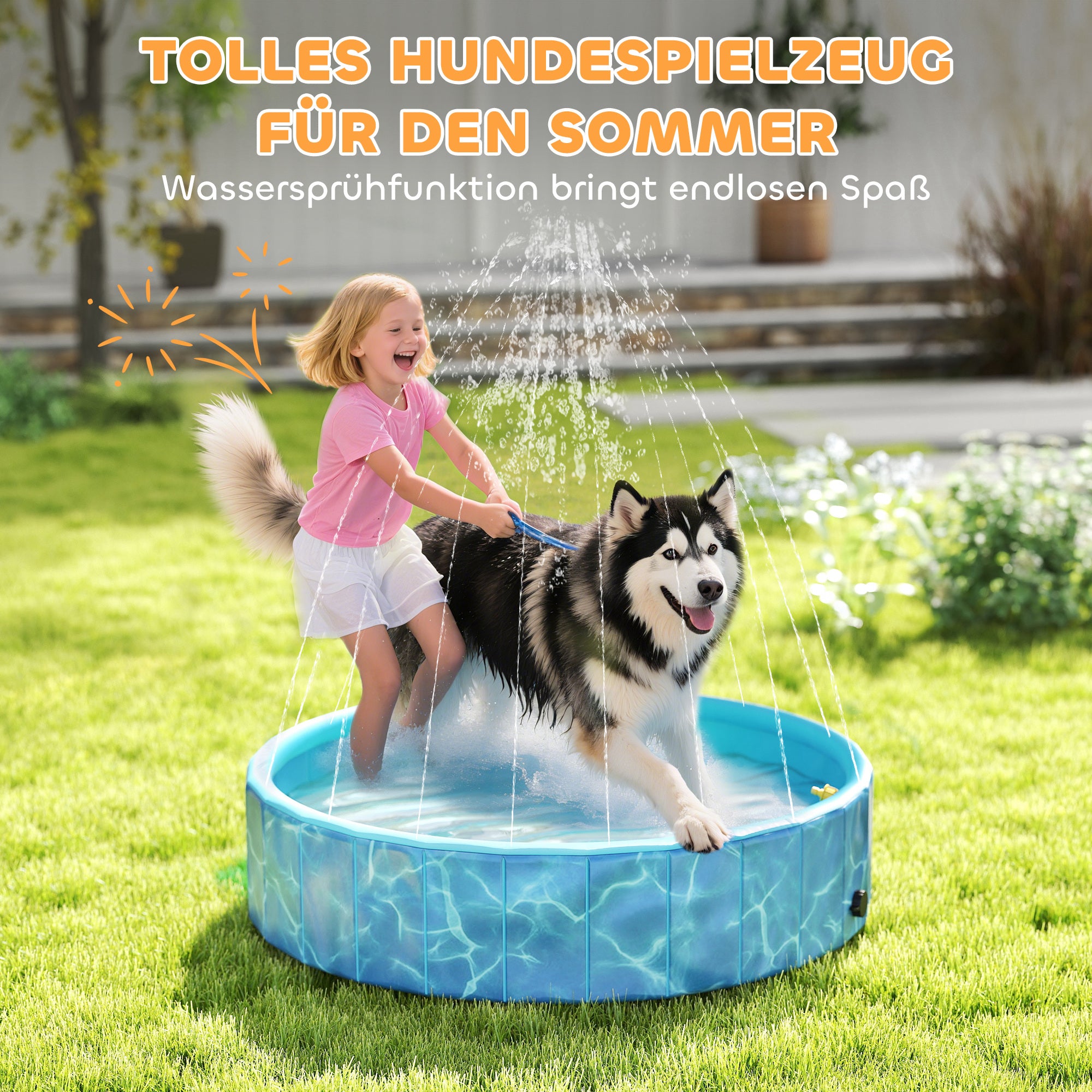 PawHut Hundepool Faltbar Planschbecken mit Brunnen- und Wasserpolsterdesign Ø120 x 30 cm Blau