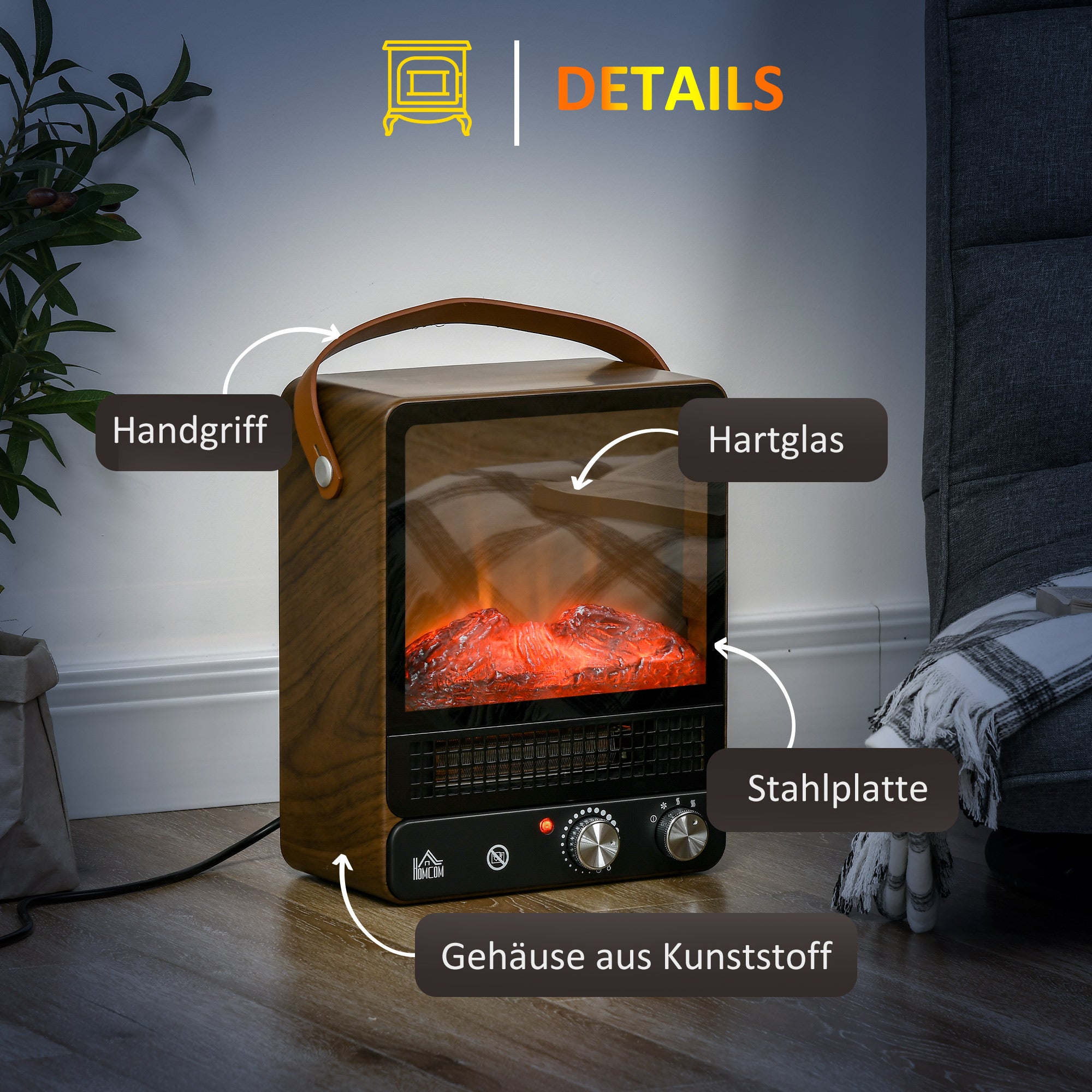 HOMCOM Elektrokamin, realistisches Feuer, 2 Heizmodi bis 50° C, Überhitzungsschutz, Walnussoptik, 30,3 x 17,5 x 37,4cm