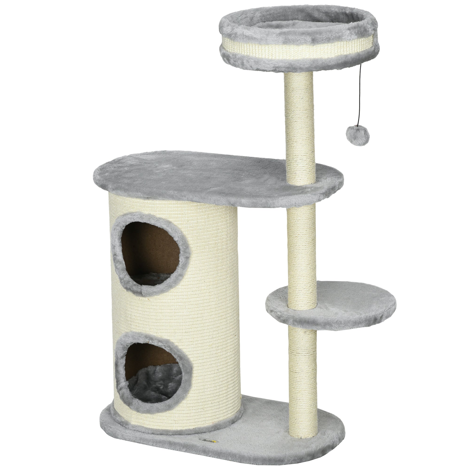 PawHut Kratzbaum für Katzen, Sisal-Seilpfosten, weicher Plüsch, mehrstufig, Ballspielzeug, Grau, 59x35x100 cm