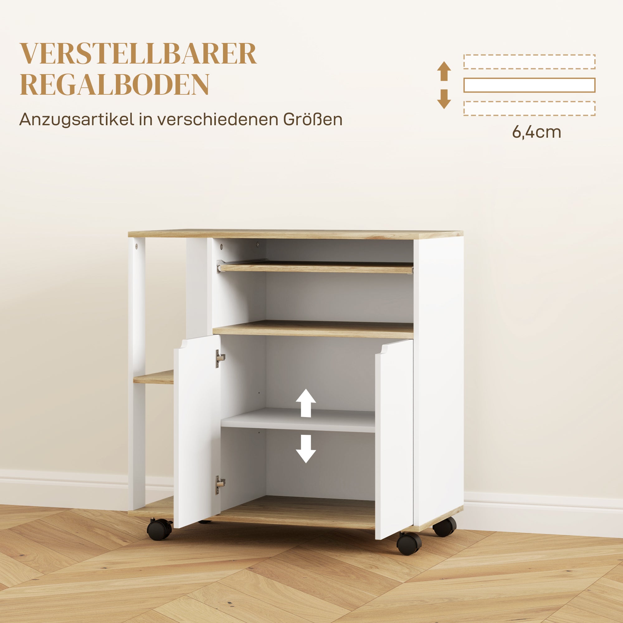HOMCOM Rollender Küchenwagen mit Stauraum, Schrank, verstellbare Regale, für Küche, Wohnzimmer, Esszimmer, Weiß