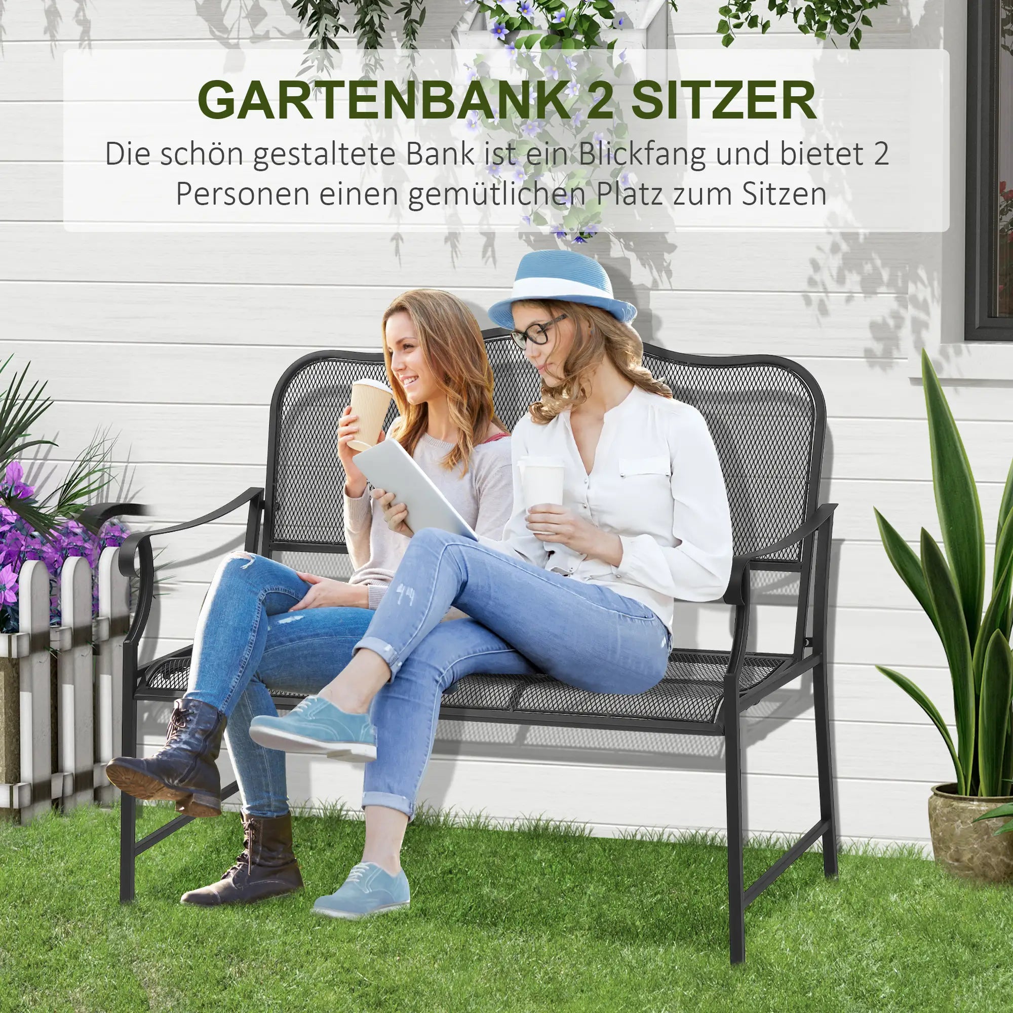 Outsunny Nostalgische Gartenbank aus Metall, 2-Sitzer, wetterbeständig, schwarz, 113 cm x 58 cm x 98 cm