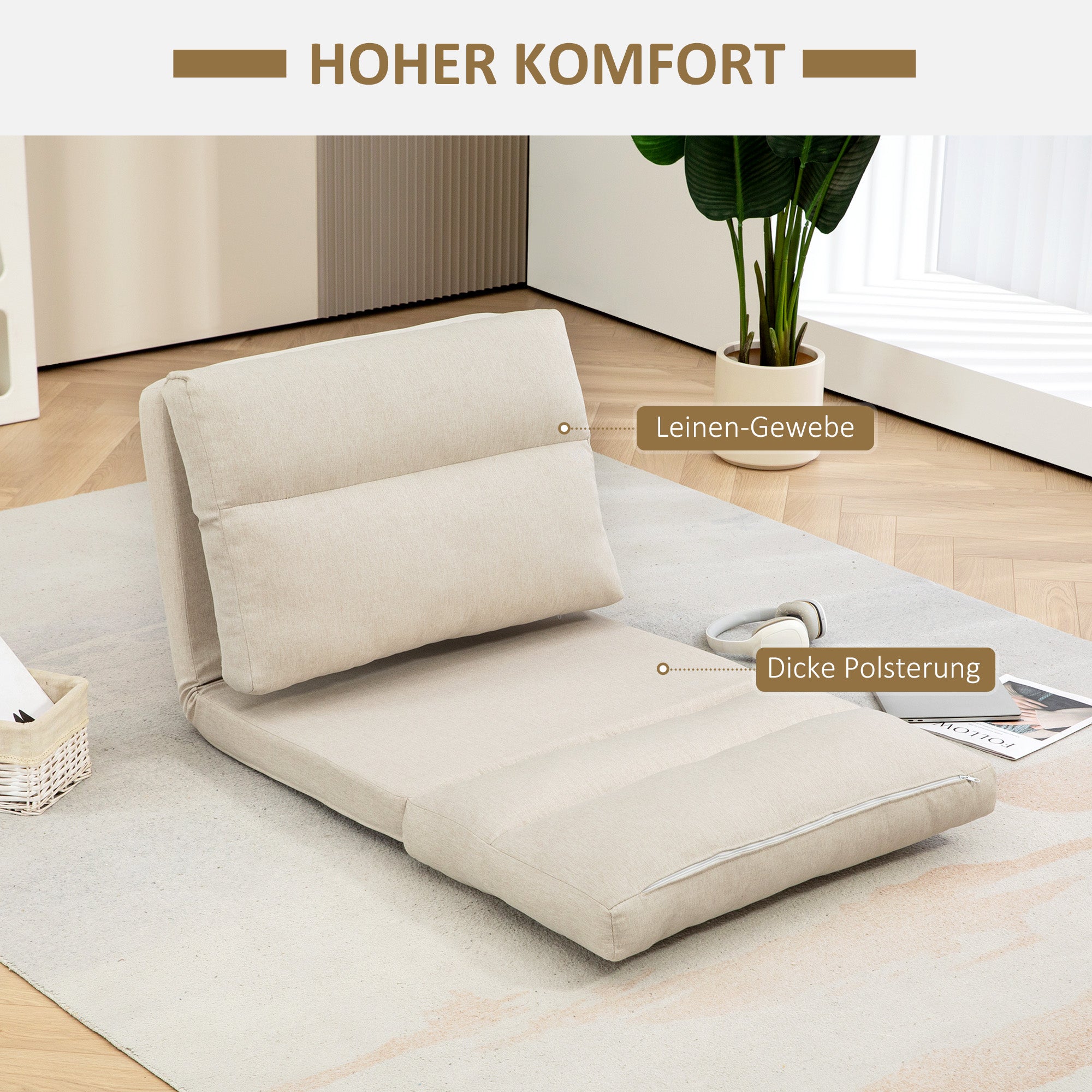 HOMCOM Sitzsack mit Bettfunktion, neigbare Lehne, klappbar, bis 120kg, 70 x 72 x 56 cm, Beige