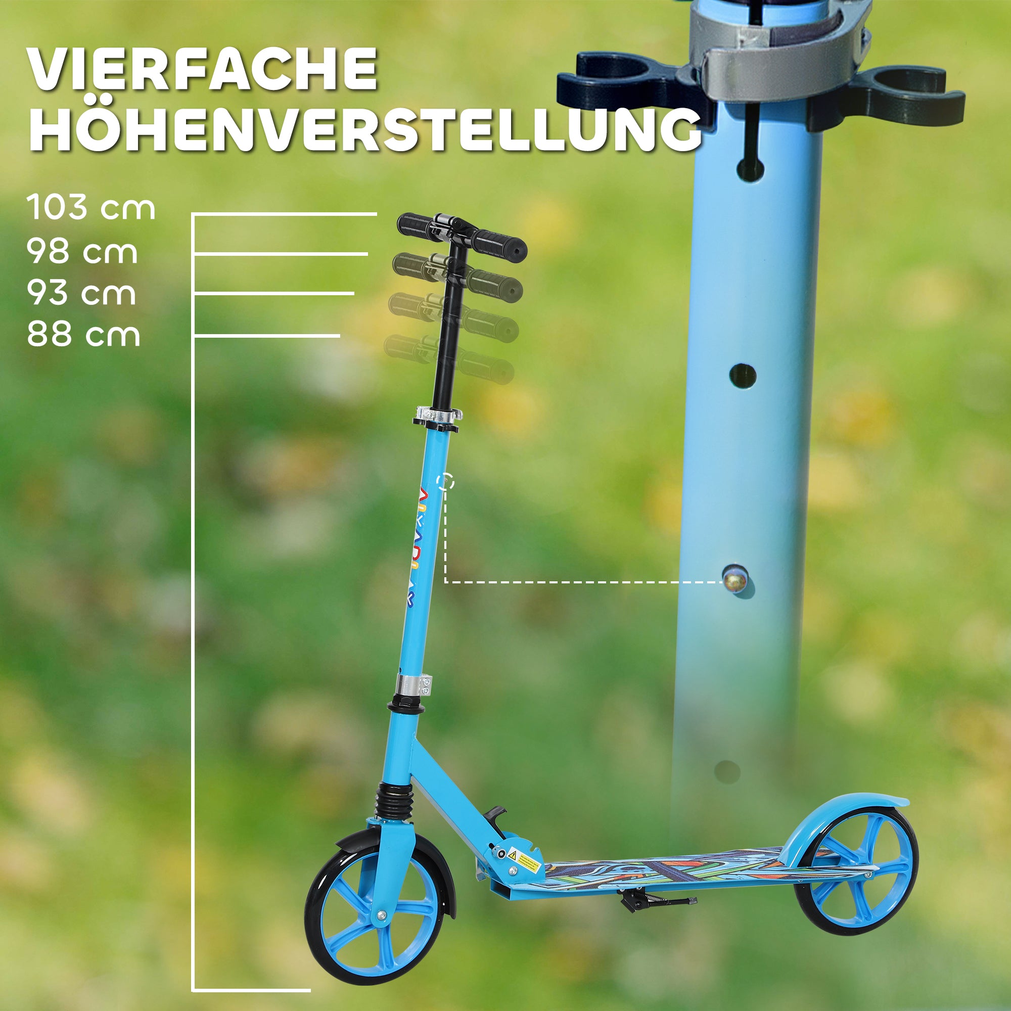 AIYAPLAY Tretroller, höhenverstellbar, Hinterradbremse, faltbar, 100 kg belastbar, Blau
